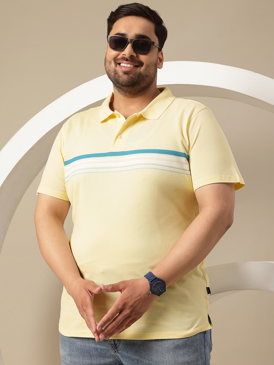 

Sztori Plus Size Polo Collar T-shirt with Stripe Detail, Yellow