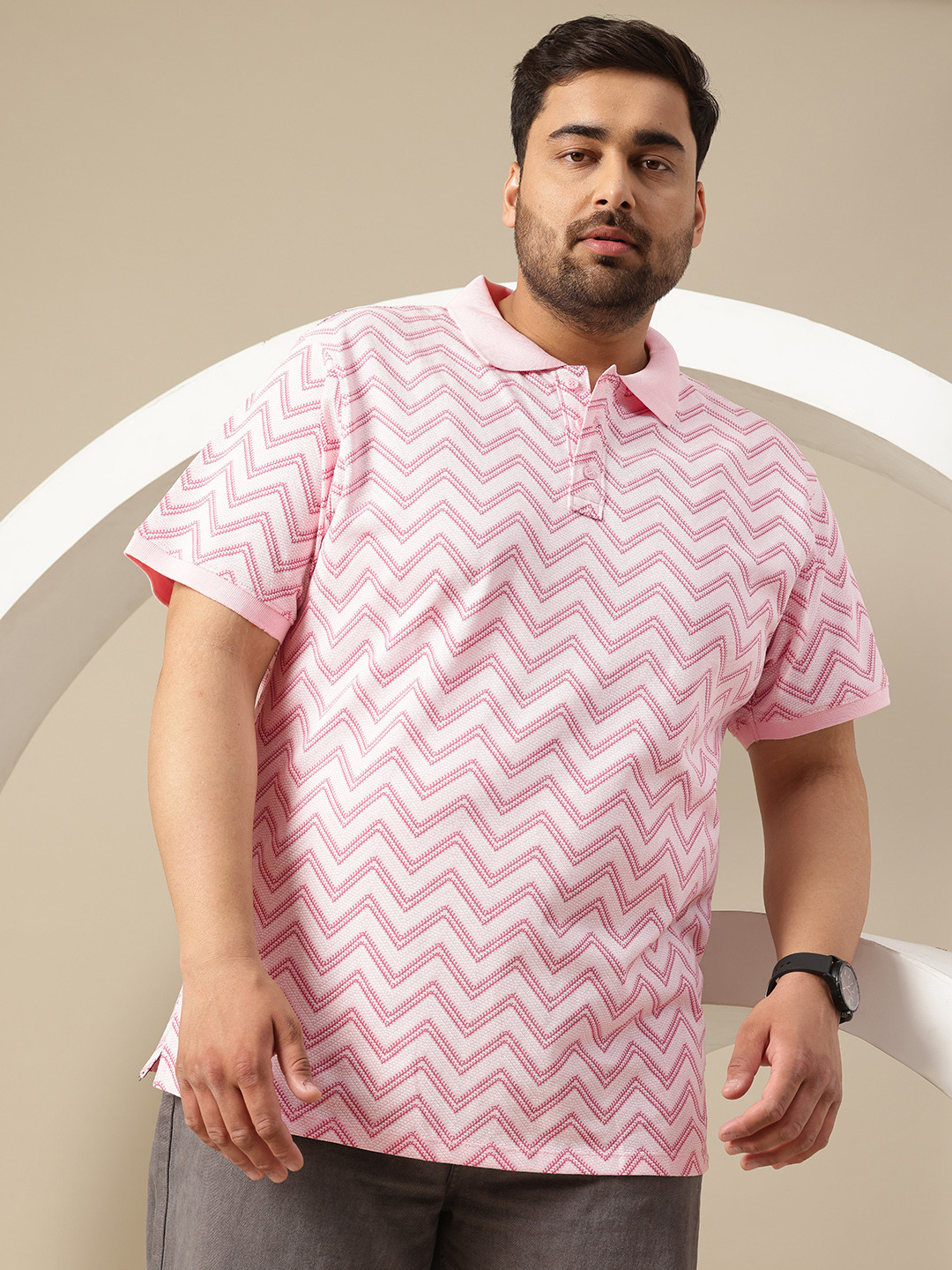 

Sztori Plus Size Chevron Printed Polo Collar T-shirt, Rose