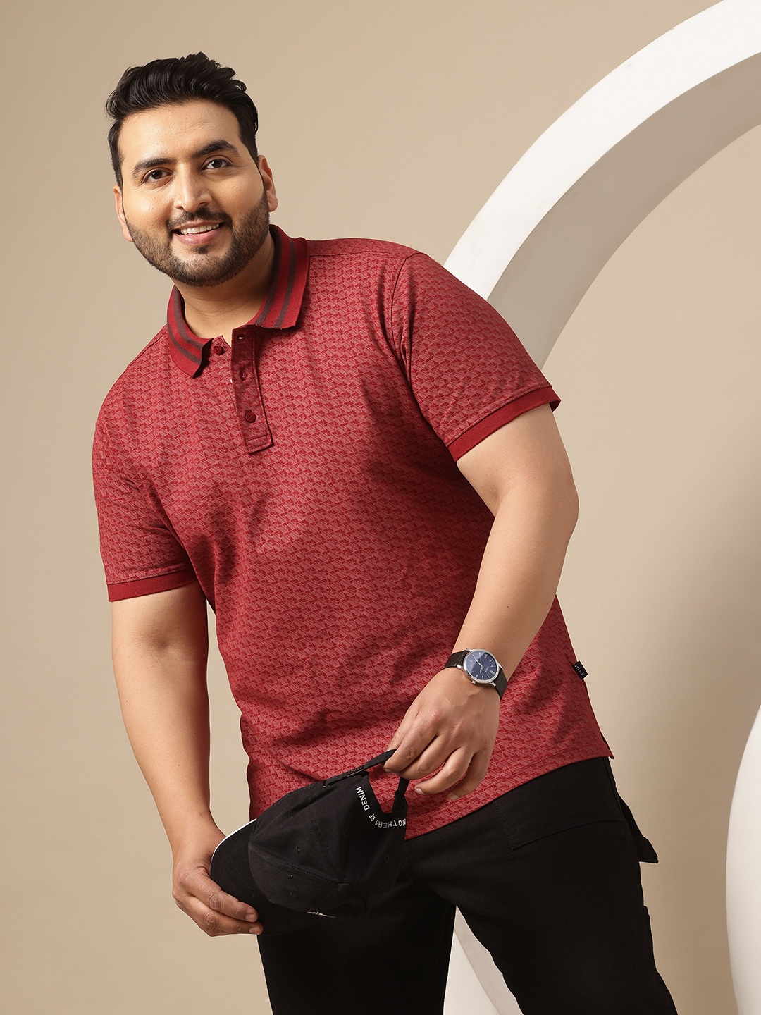 

Sztori Plus Size Printed Polo Collar Pure Cotton T-shirt, Red