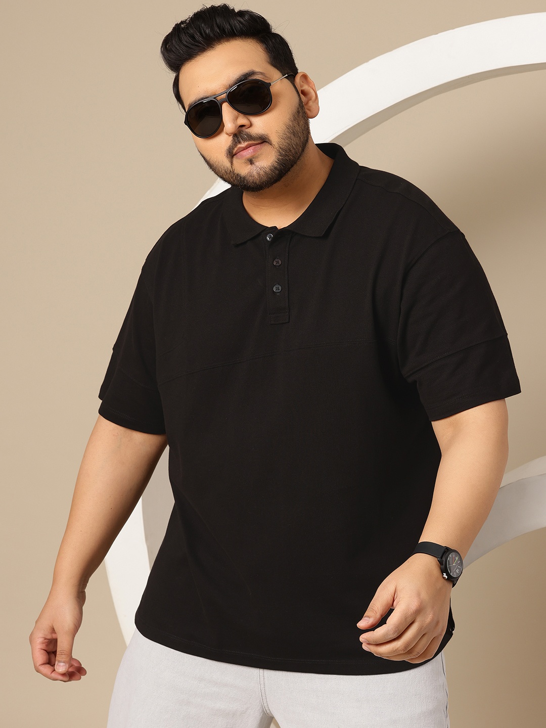 

Sztori Plus Size Polo Collar Pure Cotton T-shirt, Black