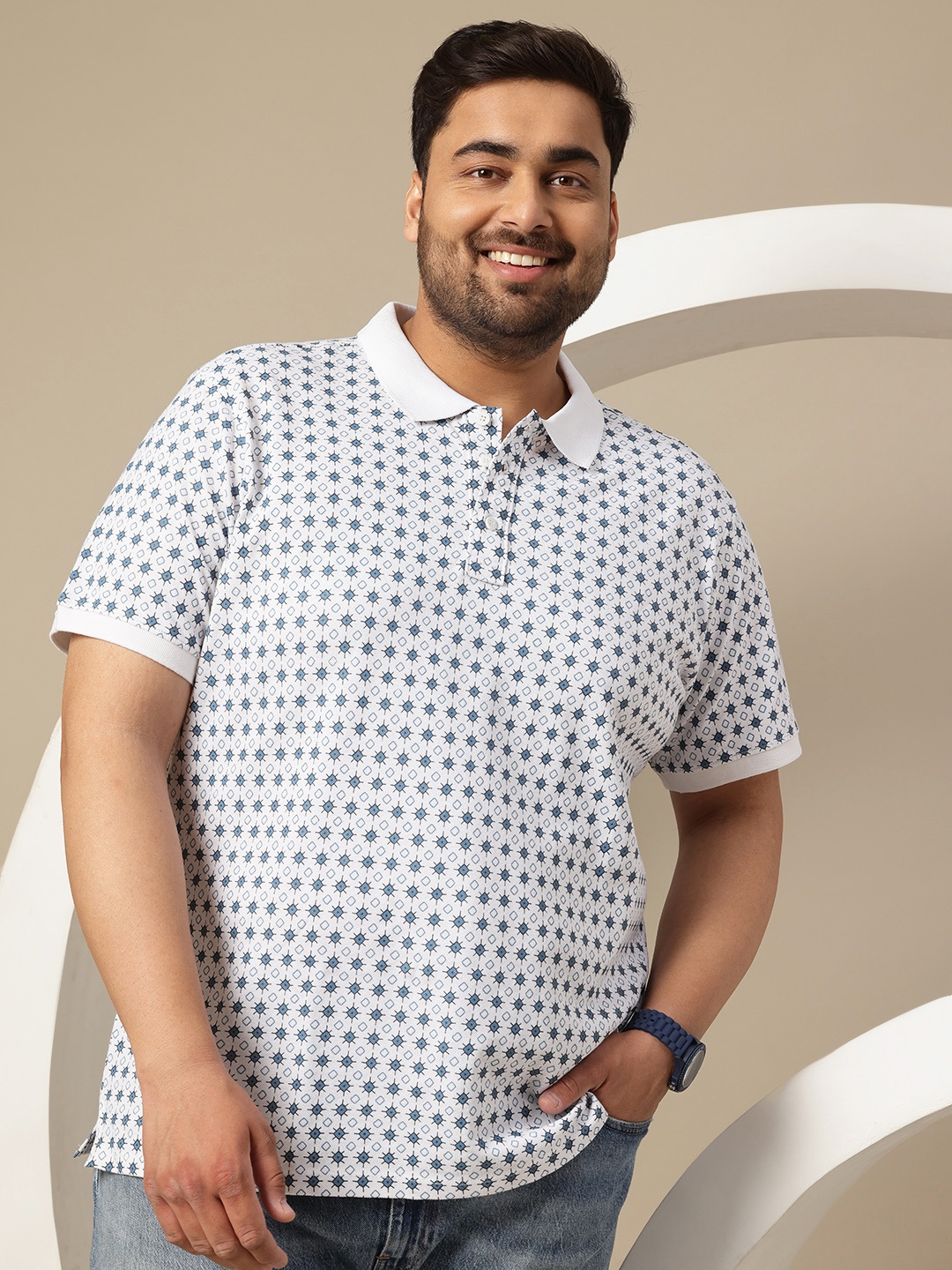 

Sztori Plus Size Printed Polo Collar Pure Cotton T-shirt, White