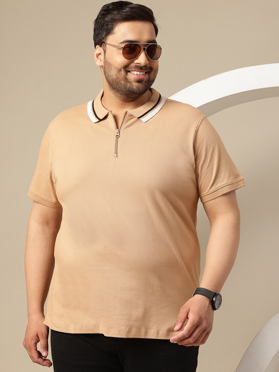 

Sztori Plus Size Solid Polo Collar T-shirt with Contrast Collar, Beige