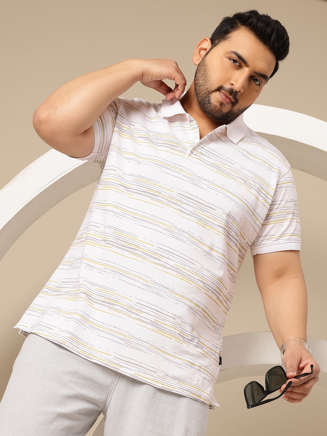 

Sztori Plus Size Printed Polo Collar Pure Cotton T-shirt, White
