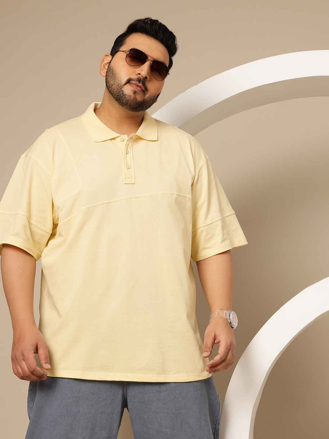 

Sztori Plus Size Pure Cotton Drop-Shoulder Sleeves Polo Collar T-shirt, Yellow