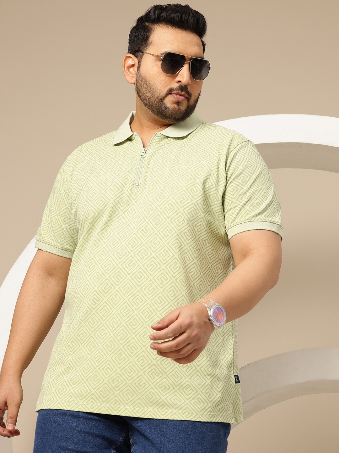 

Sztori Plus Size Geometric Print Pure Cotton Polo Collar T-shirt, Green