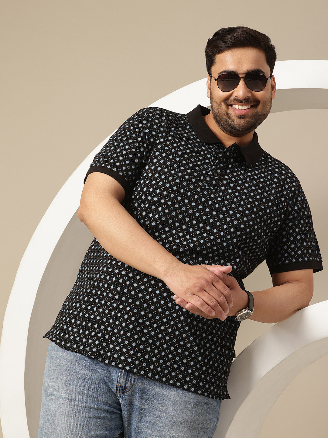 

Sztori Plus Size Printed Polo Collar Pure Cotton T-shirt, Black