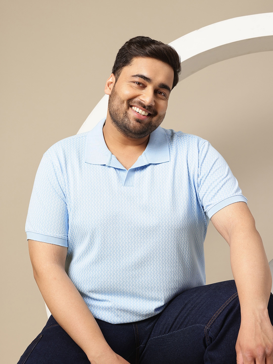 

Sztori Plus Size Printed Polo Collar T-shirt, Blue