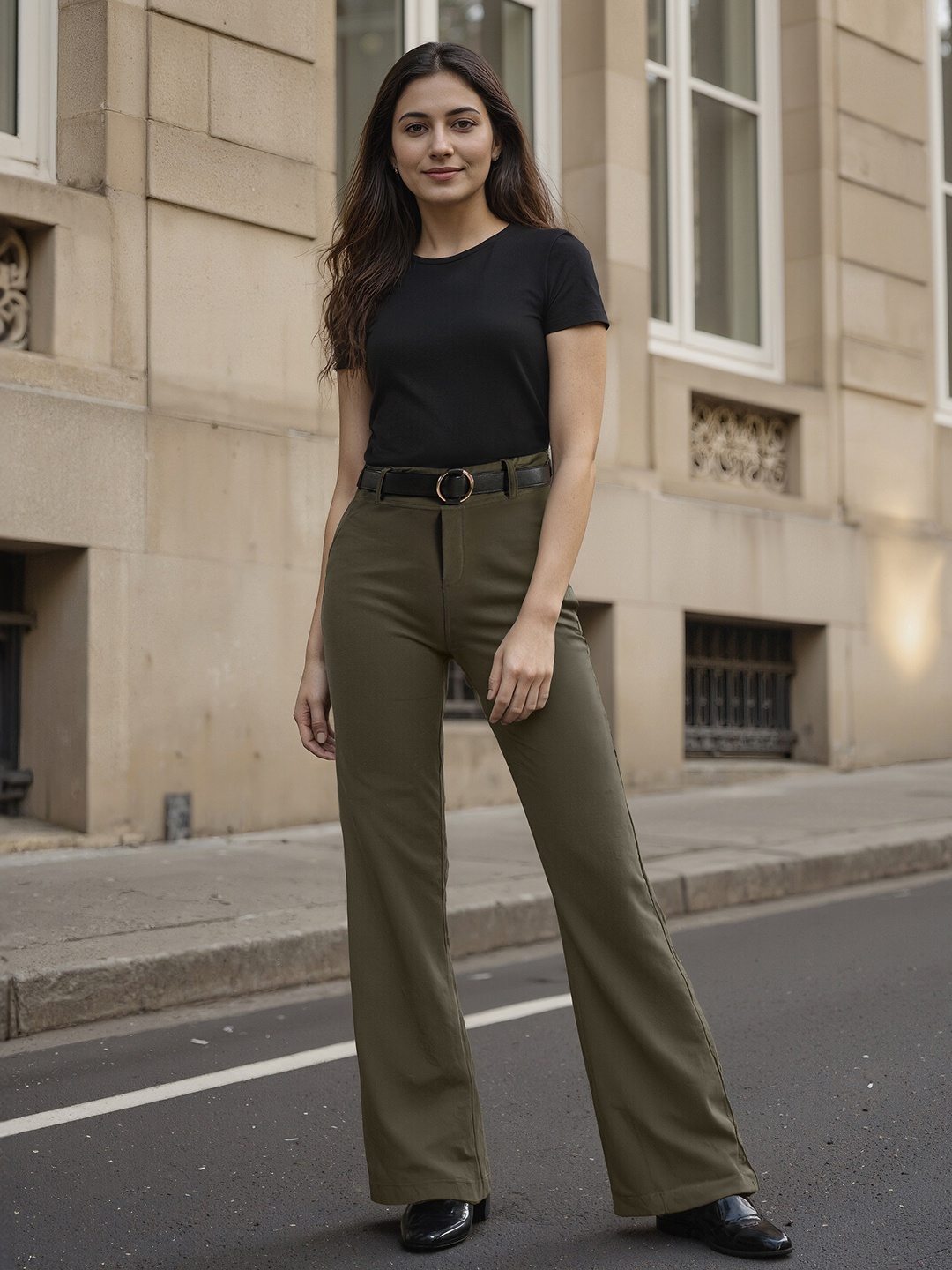 

Blissclub Women Flared High-Rise Trouser, Olive