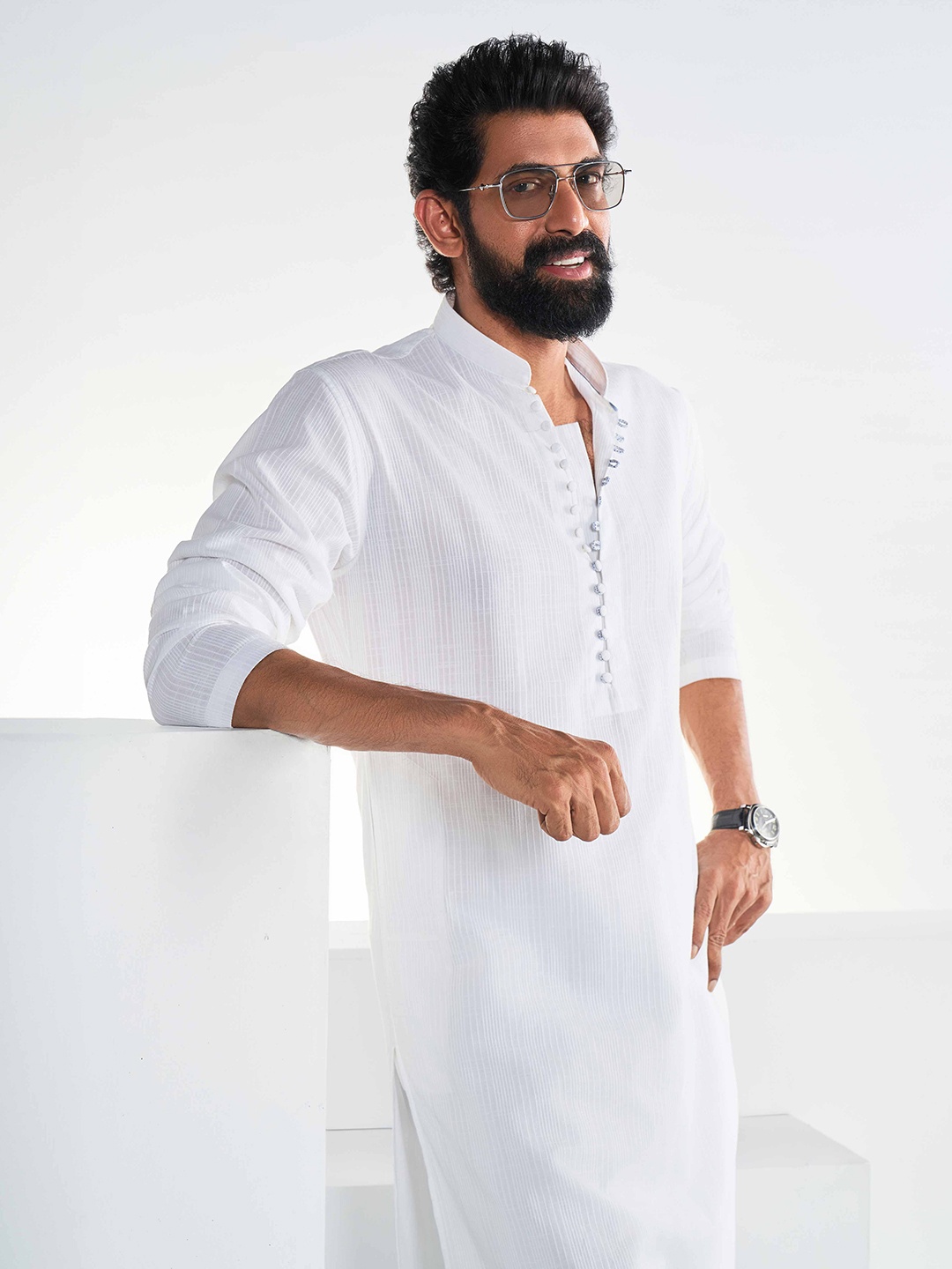 

KINGDOM OF WHITE Striped Mandarin Collar Pure Cotton Kurta