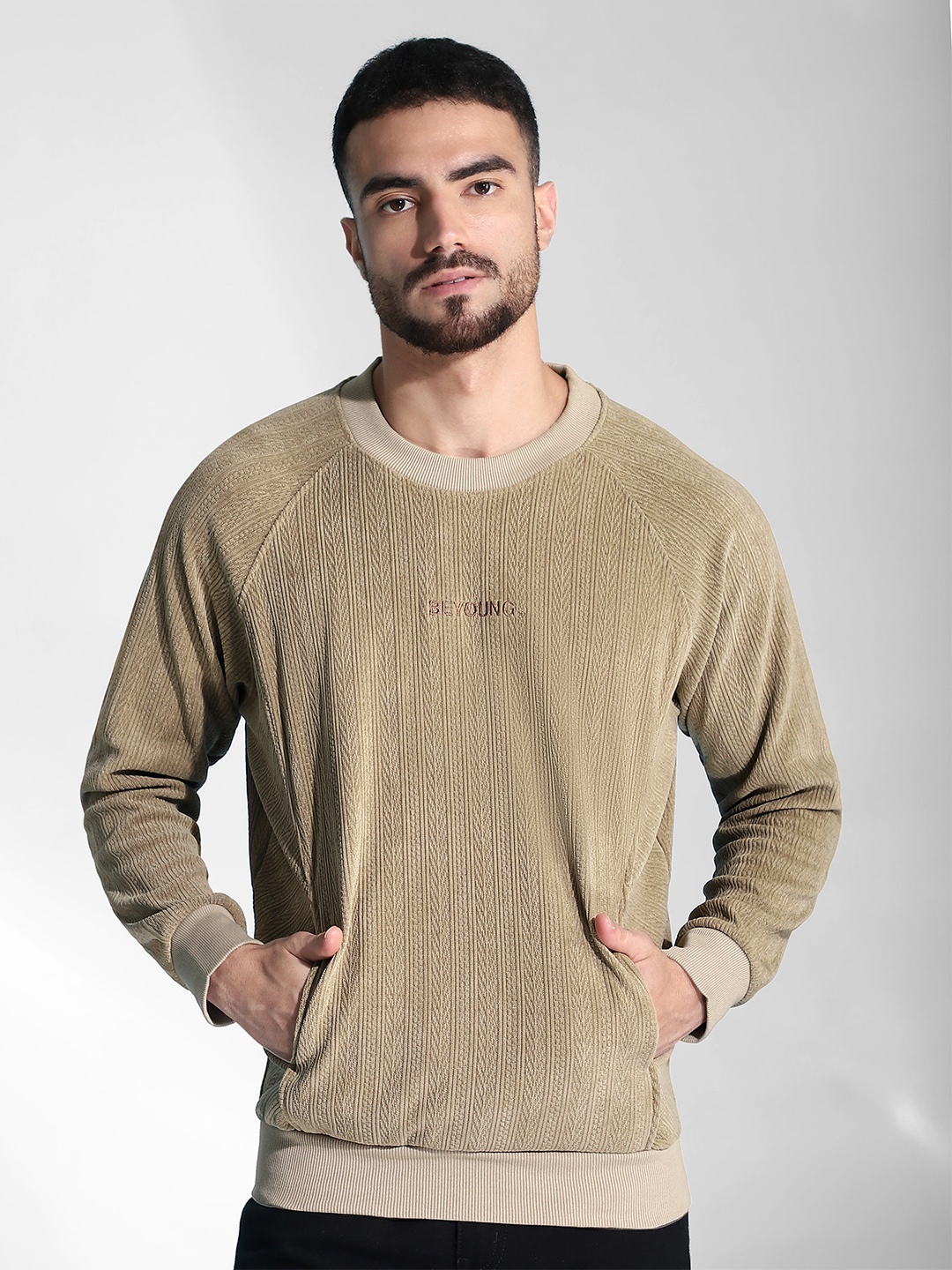 

Beyoung Men Self Design Pullover Sweatshirt, Beige