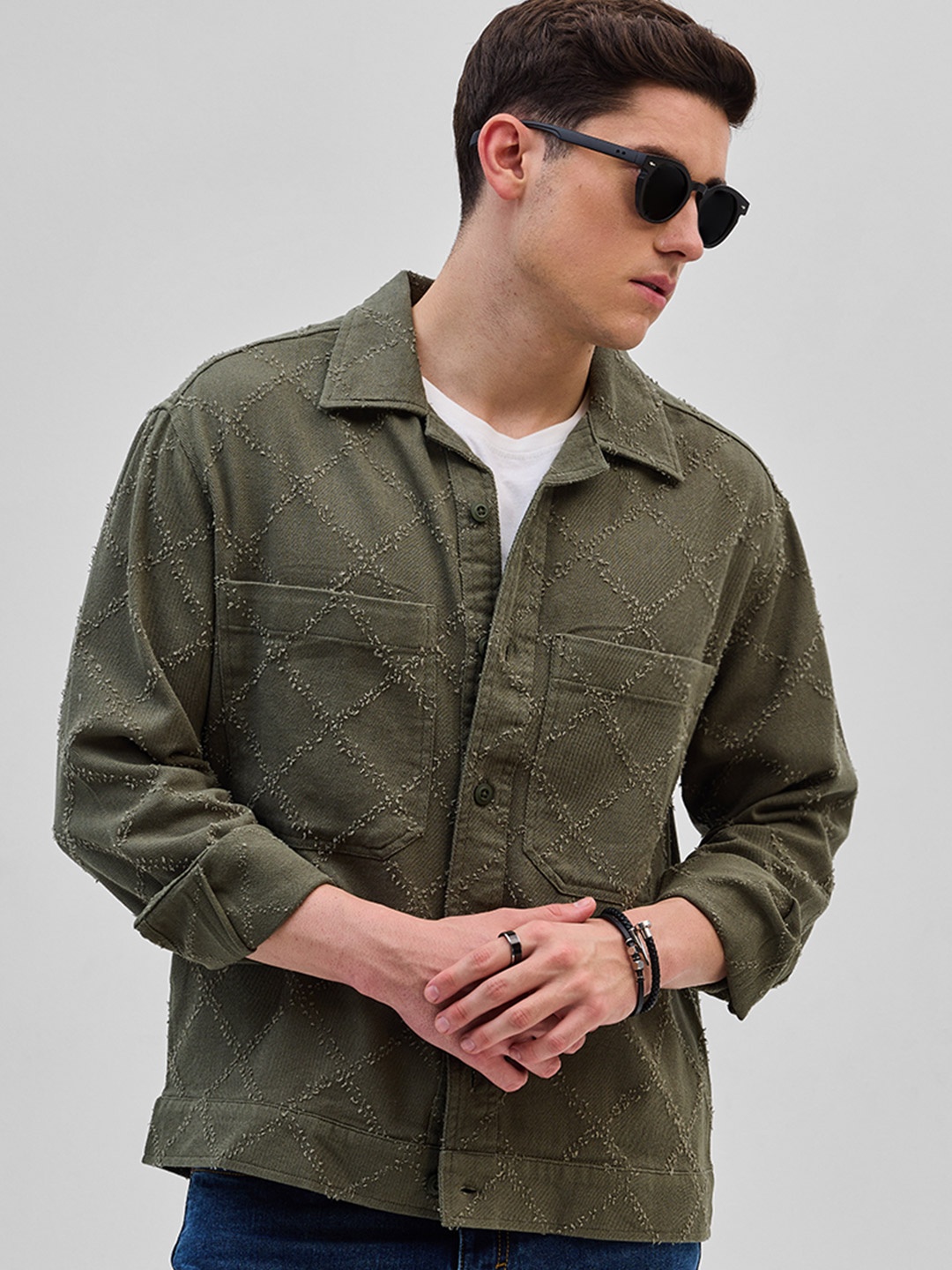 

Snitch Men Geometric Open Front Jacket, Olive