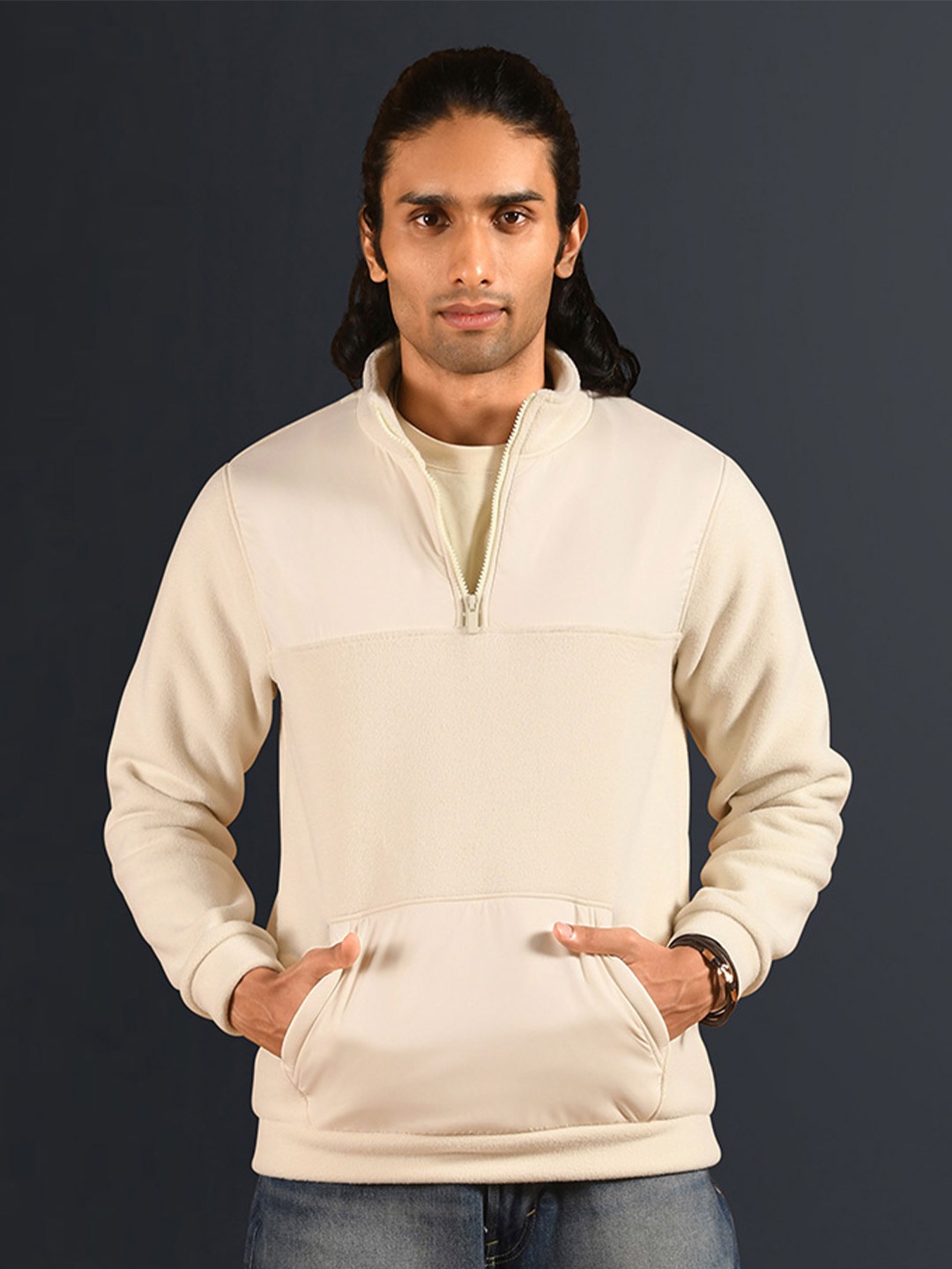 

KINGDOM OF WHITE Men High Neck Zipper Sweatshirt, Off white