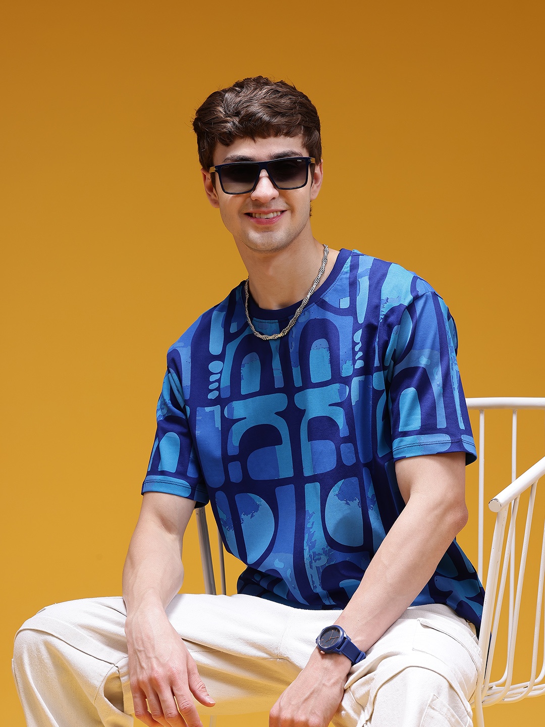 

HERE&NOW Printed Drop-Shoulder Sleeves Pure Cotton Relaxed T-shirt, Blue