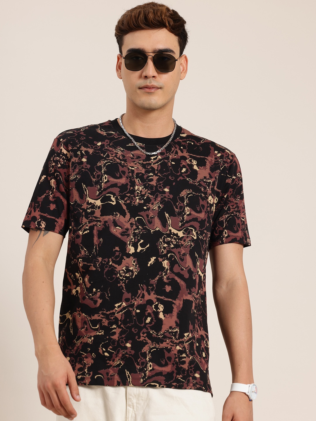 

HERE&NOW Men Printed Pure Cotton T-shirt, Black