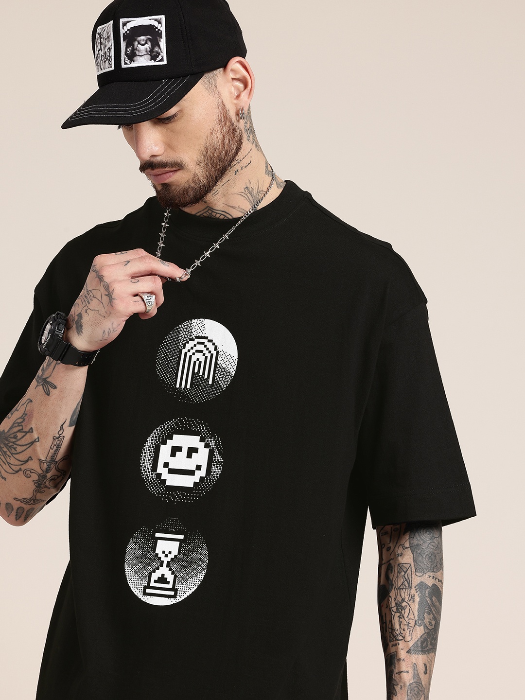 

HERE&NOW Pure Cotton Graphic Printed Oversized T-shirt, Black
