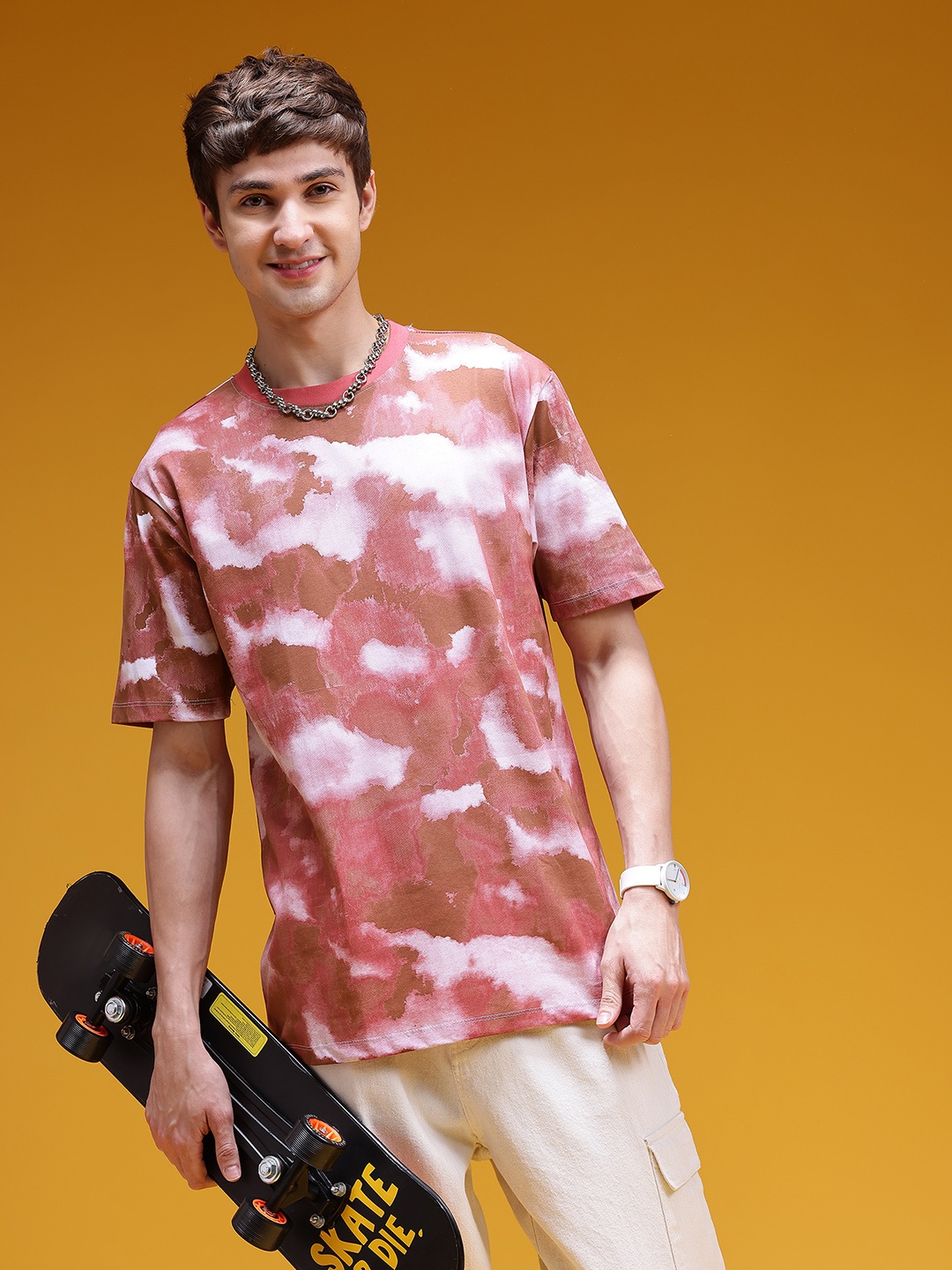 

HERE&NOW Men Printed Drop-Shoulder Sleeves Cotton T-shirt, Rose