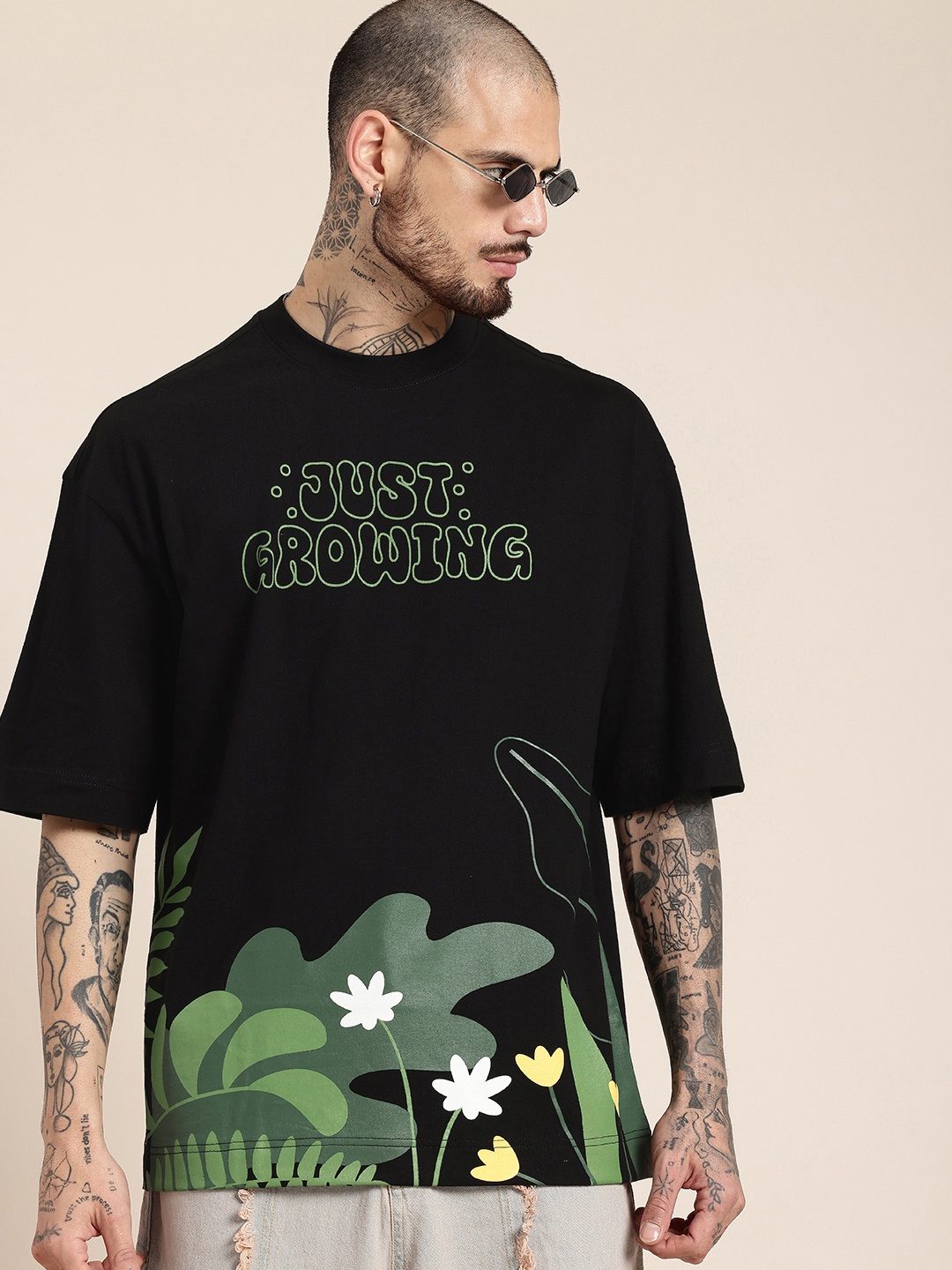 

HERE&NOW Printed Drop-Shoulder Sleeves Oversized Pure Cotton T-shirt, Black