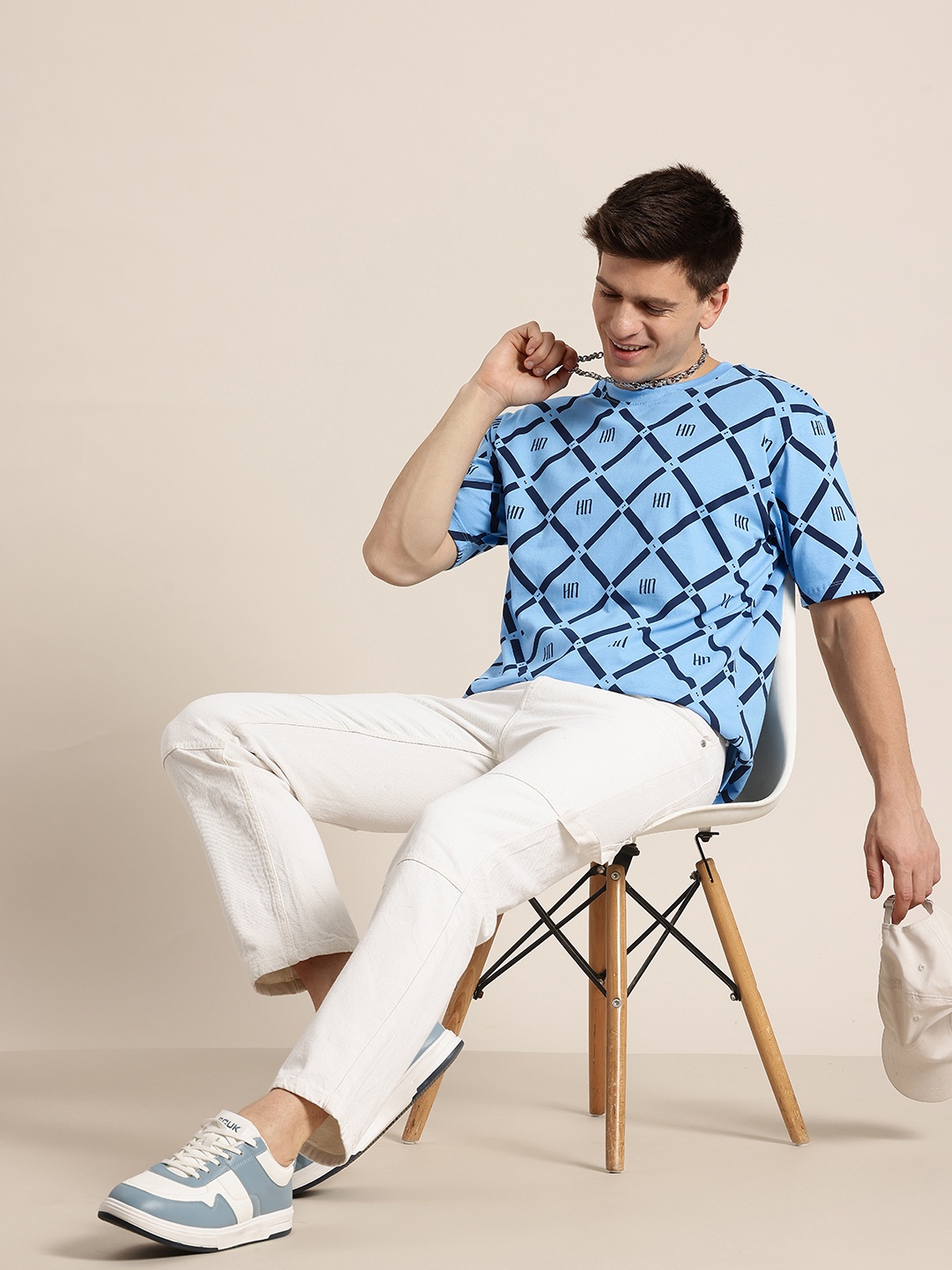 

HERE&NOW Printed Drop-Shoulder Sleeves Cotton Relaxed T-shirt, Blue