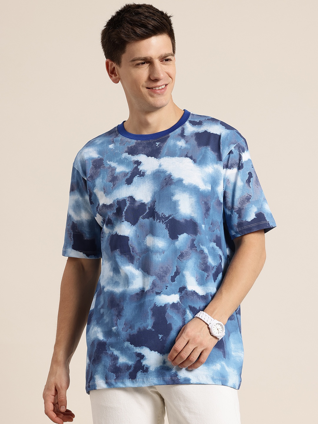 

HERE&NOW Printed Drop-Shoulder Sleeves Cotton Relaxed T-shirt, Blue