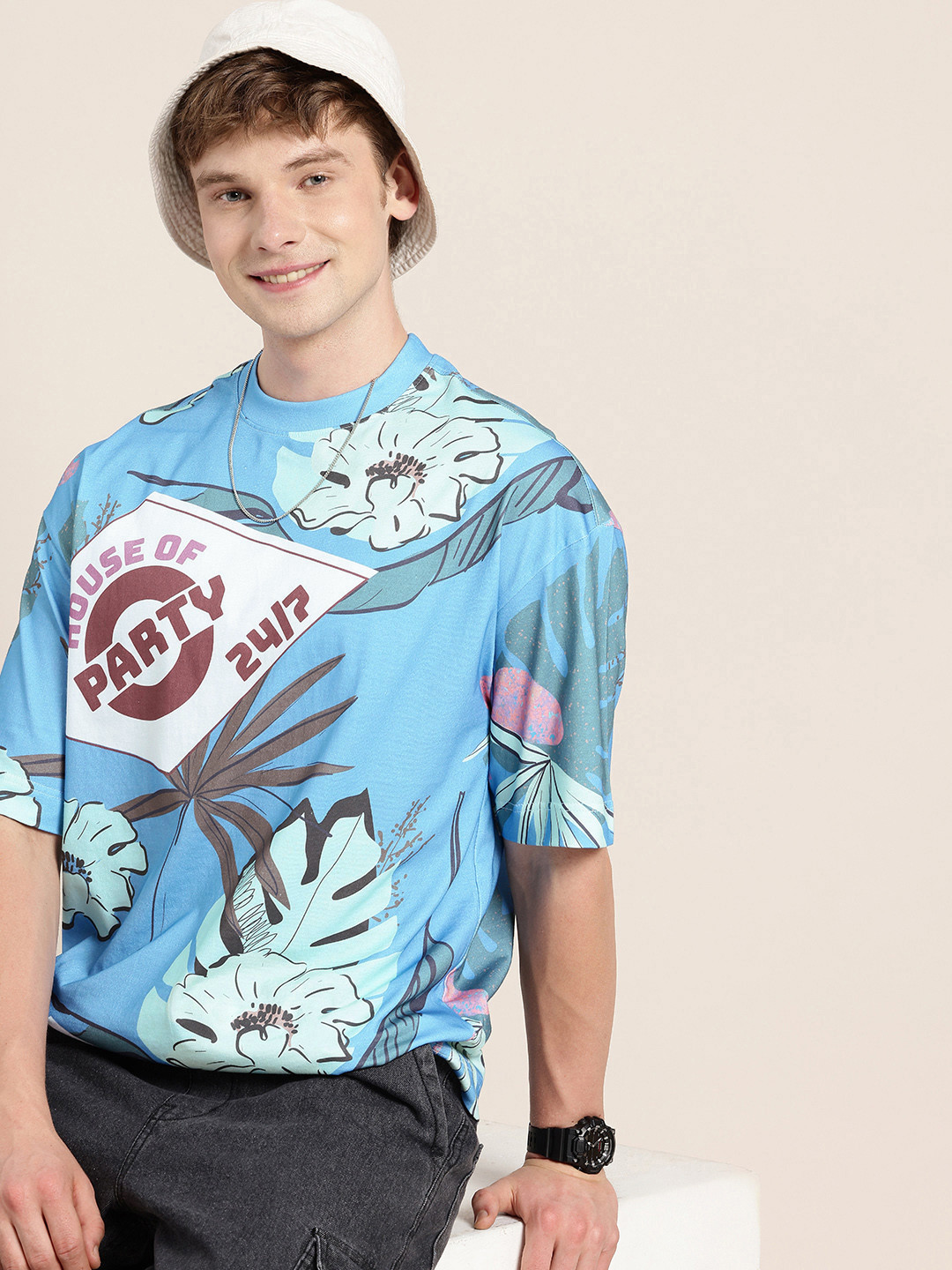 

HERE&NOW Printed Drop-Shoulder Sleeves Pure Cotton Oversized Fit T-shirt, Blue