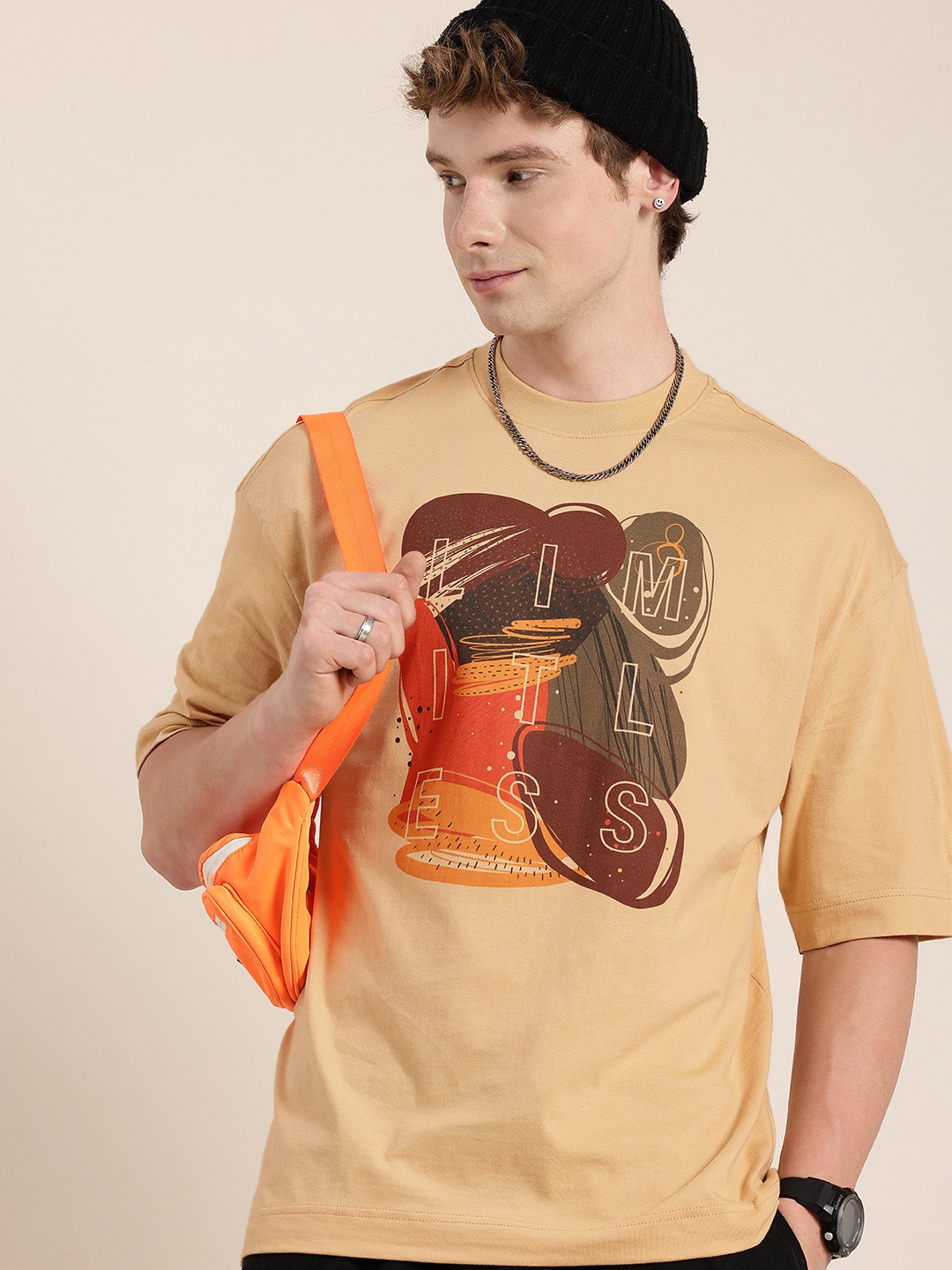

HERE&NOW Art Infused Oversized Fit Graphic Printed Pure Cotton T-shirt, Beige