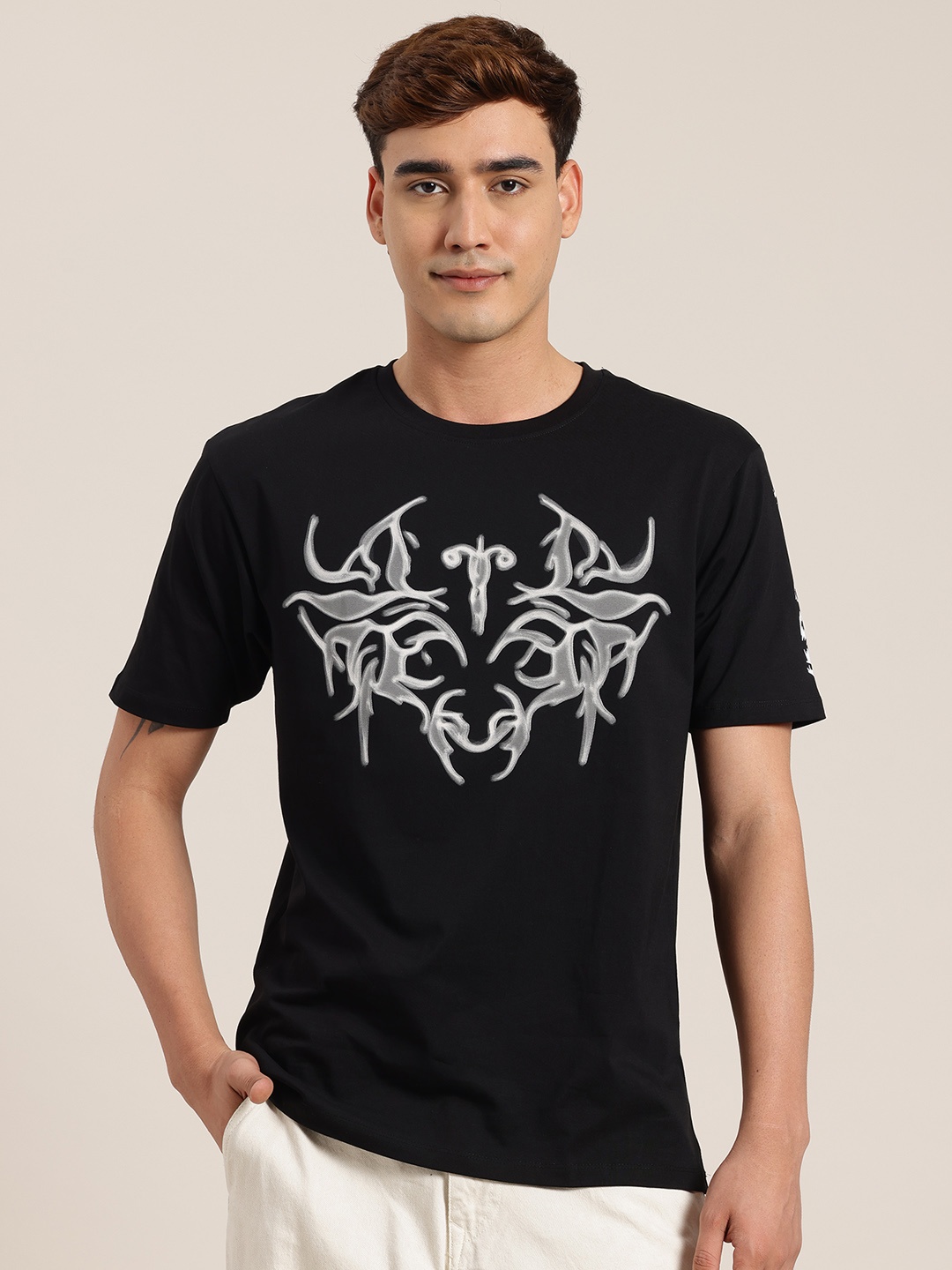 

HERE&NOW Men Printed Pure Cotton T-shirt, Black