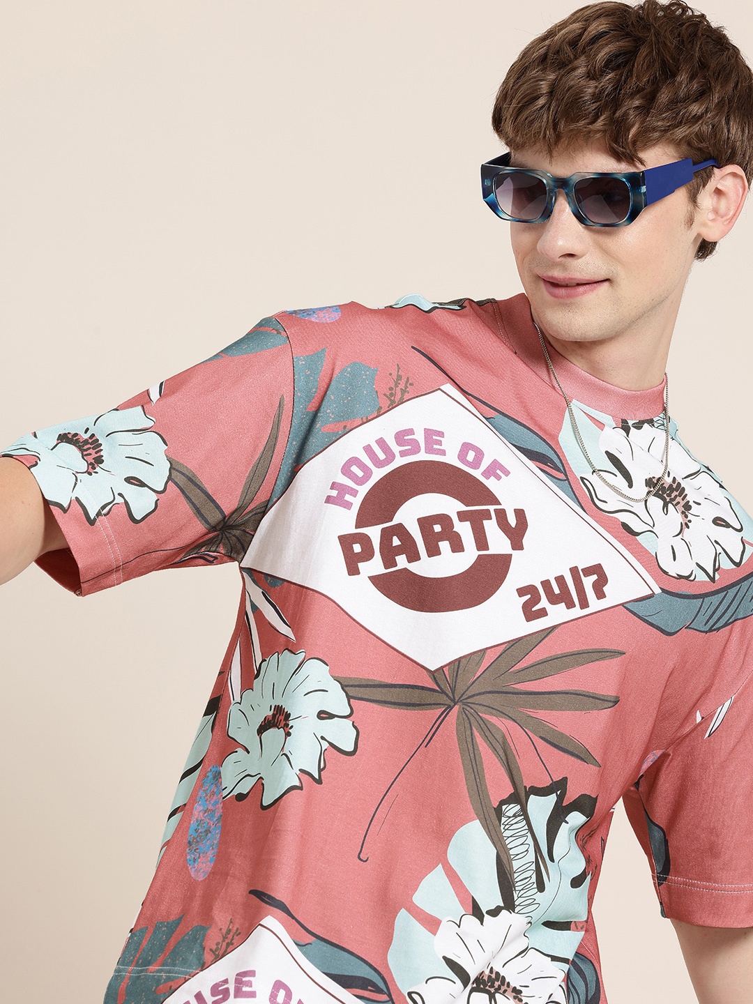 

HERE&NOW Printed Drop-Shoulder Sleeves Pure Cotton Oversized Fit T-shirt, Rose