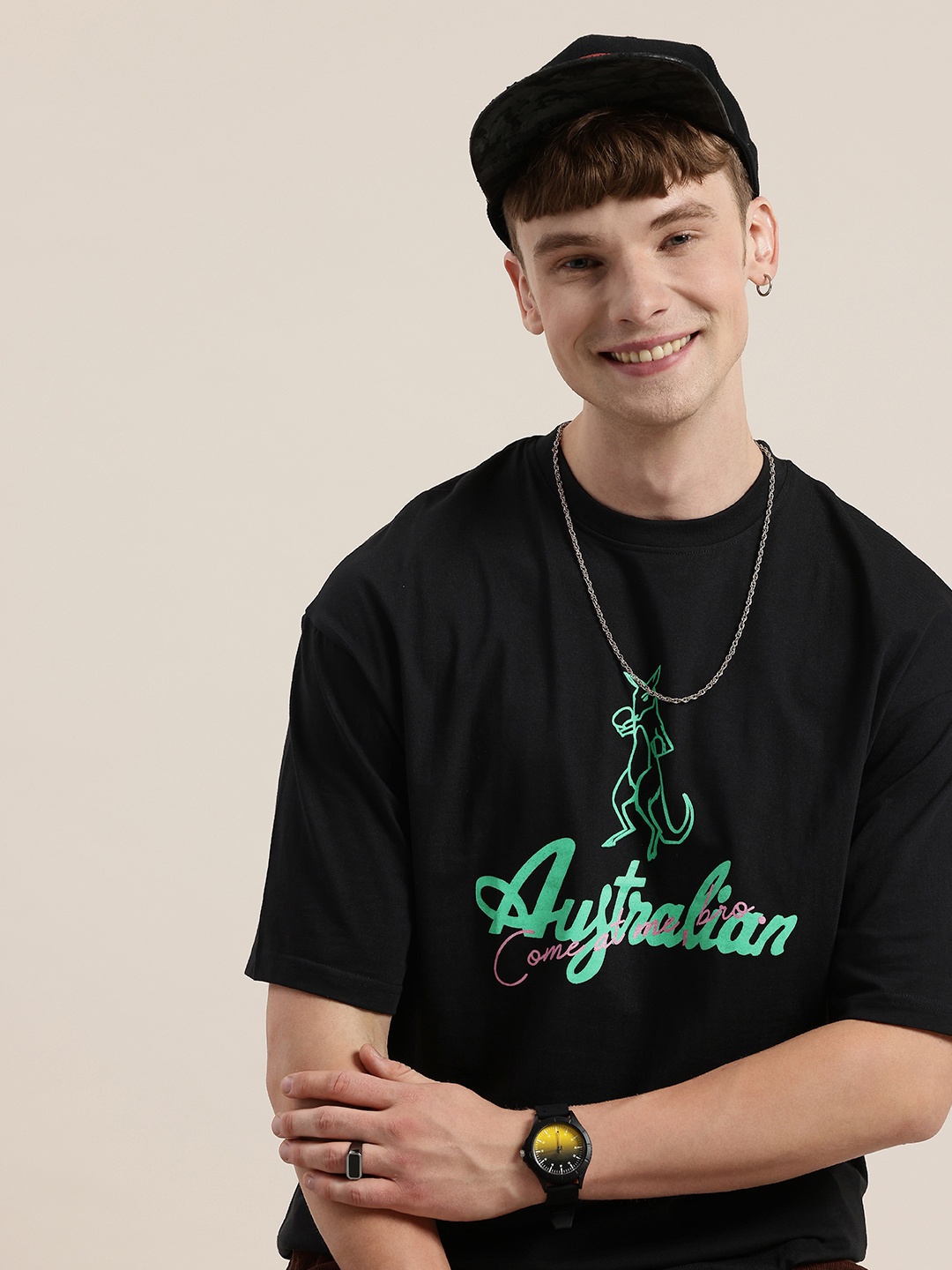 

HERE&NOW Typography Printed Drop-Shoulder Sleeves Pure Cotton T-shirt, Black