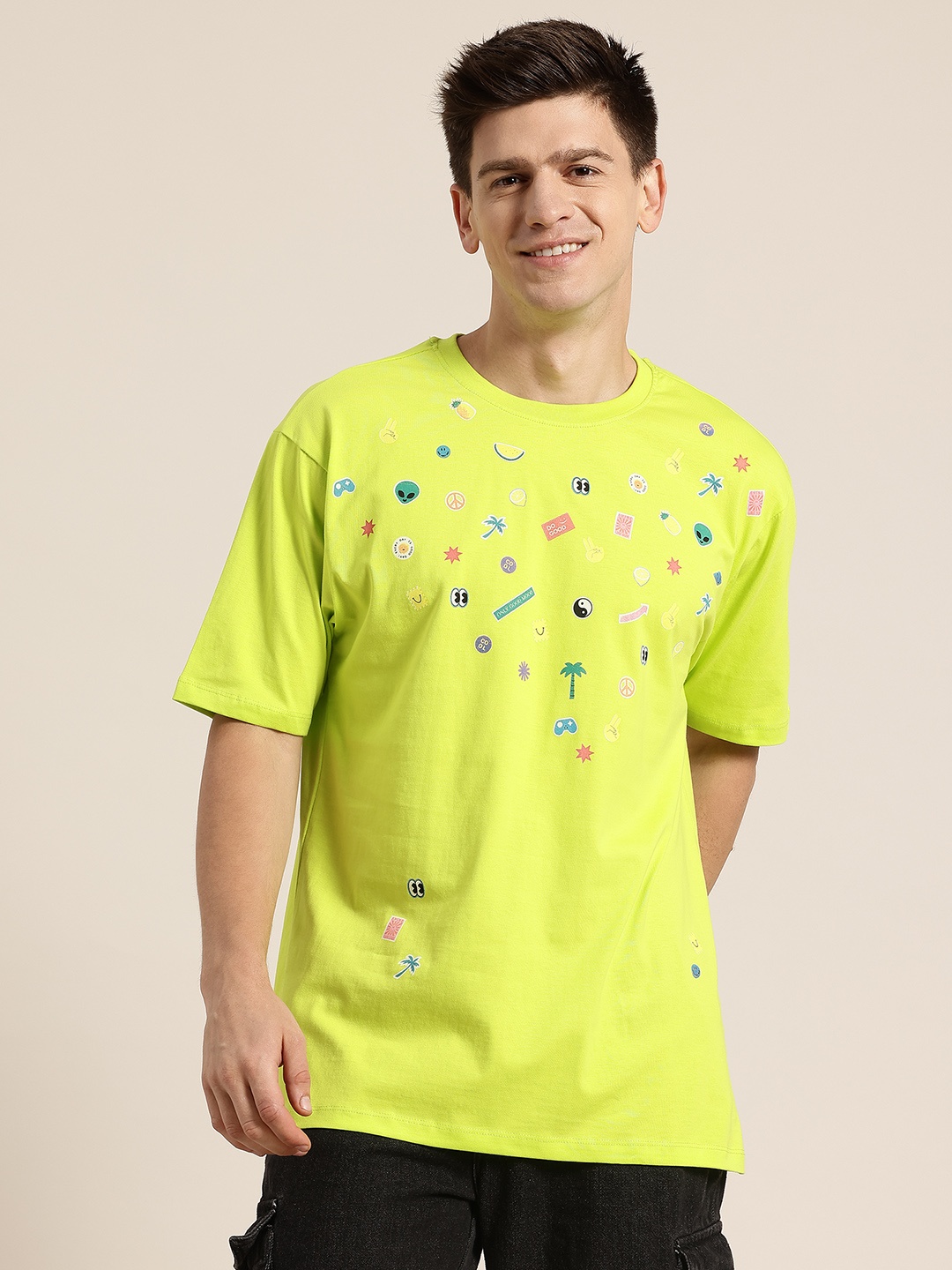 

HERE&NOW Conversational Print Pure Cotton Drop-Sleeves Relaxed Fit T-shirt, Fluorescent green