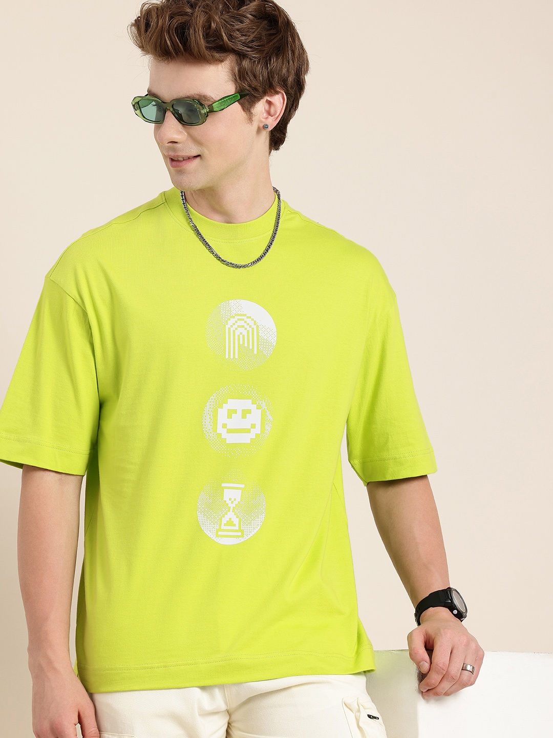 

HERE&NOW Pure Cotton Graphic Printed Drop-Shoulder Sleeves Relaxed Fit T-shirt, Lime green