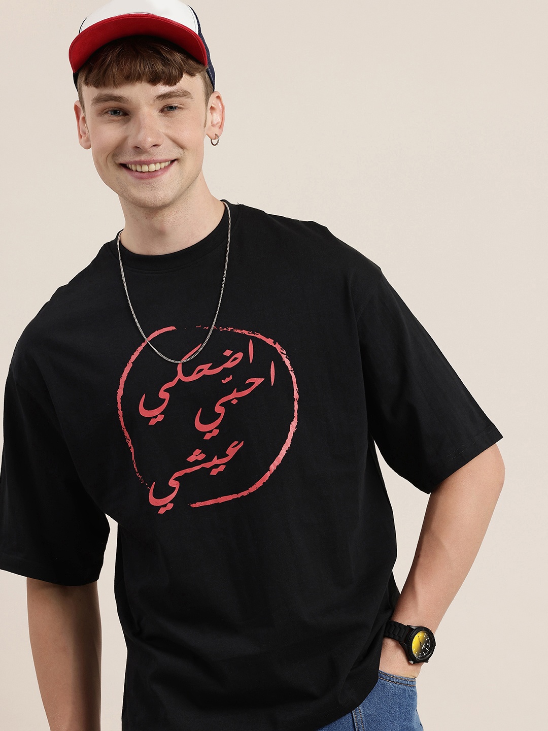 

HERE&NOW Typography Printed Drop-Shoulder Sleeves Pure Cotton T-shirt, Black