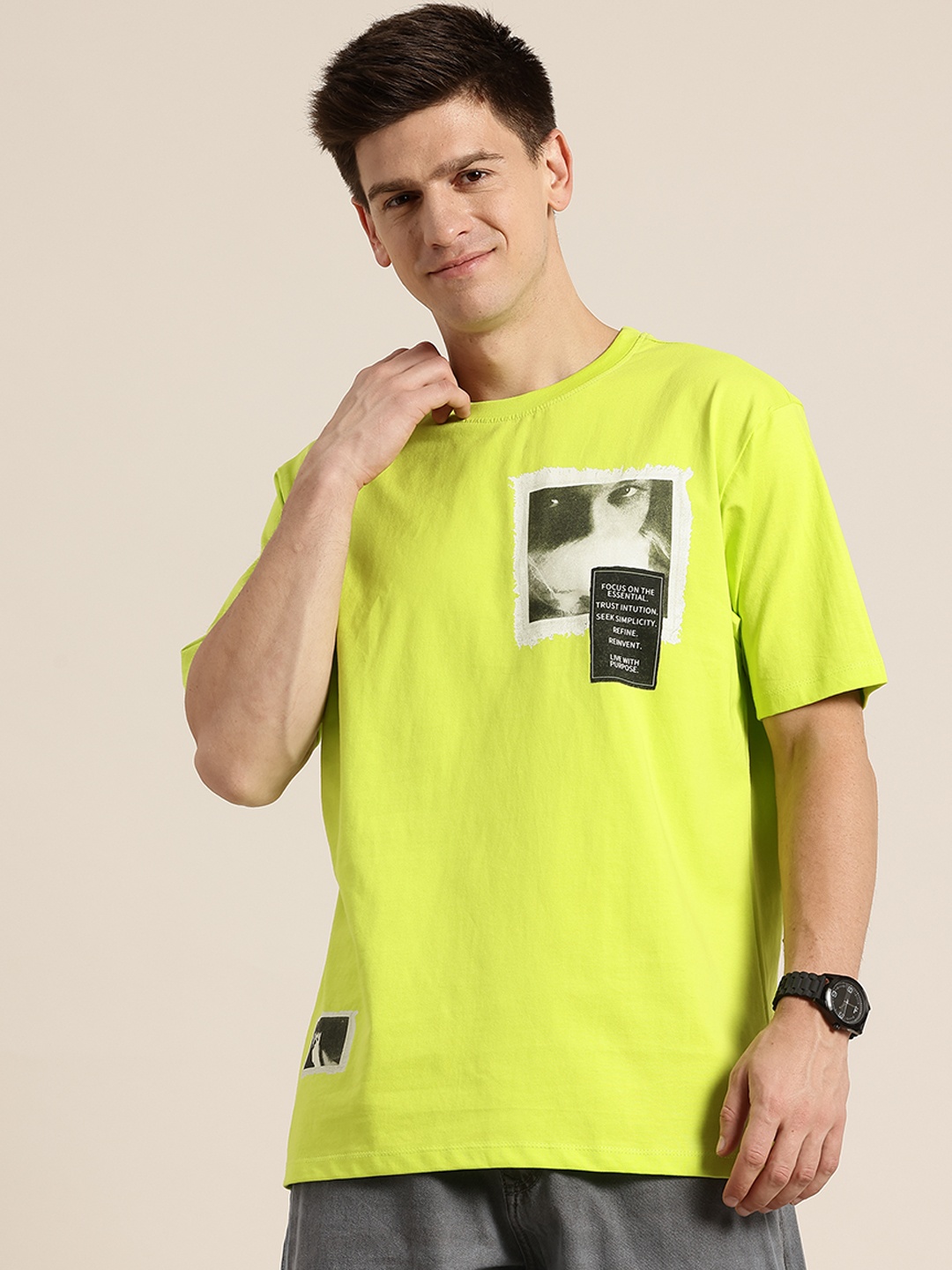 

HERE&NOW Graphic Print Pure Cotton T-shirt, Fluorescent green