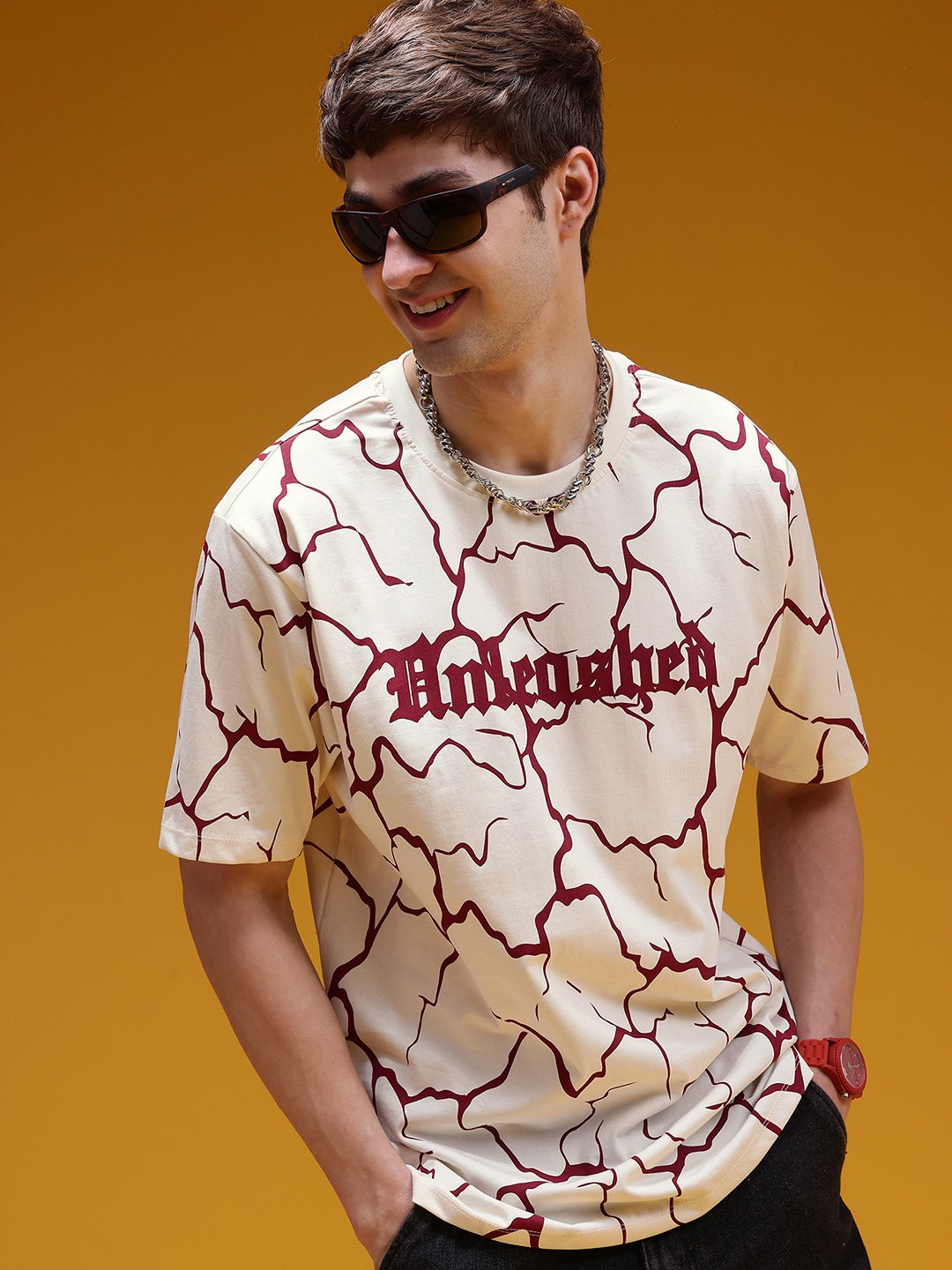 

HERE&NOW Men Printed Cotton T-shirt, Beige