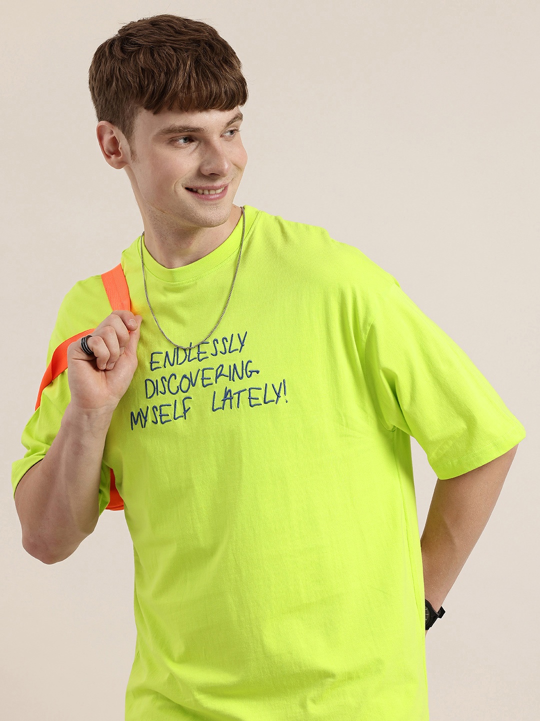 

HERE&NOW Typography Printed Drop-Shoulder Sleeves Pure Cotton T-shirt, Lime green