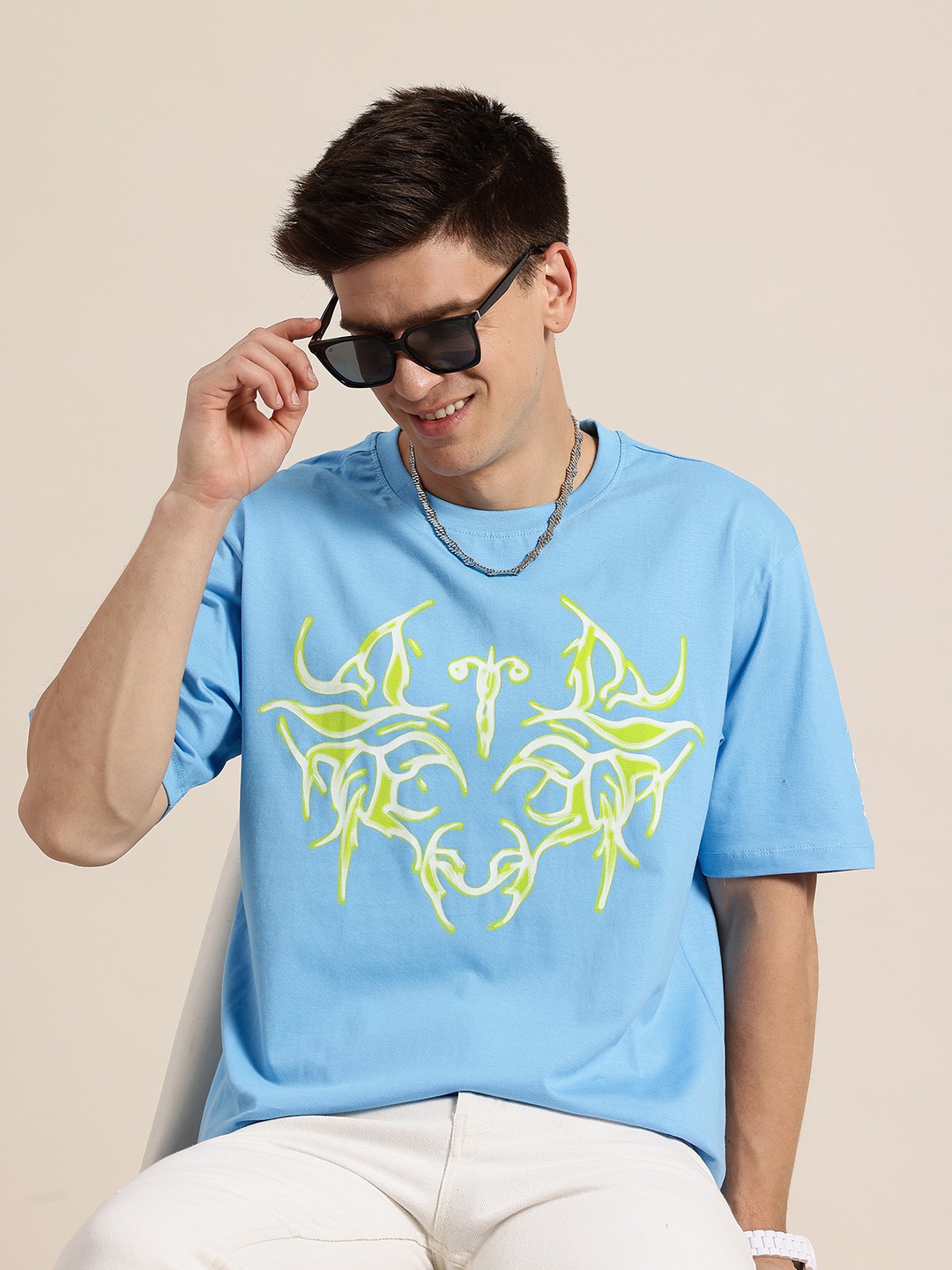 

HERE&NOW Men Printed Drop-Shoulder Sleeves Cotton Relaxed T-shirt, Blue