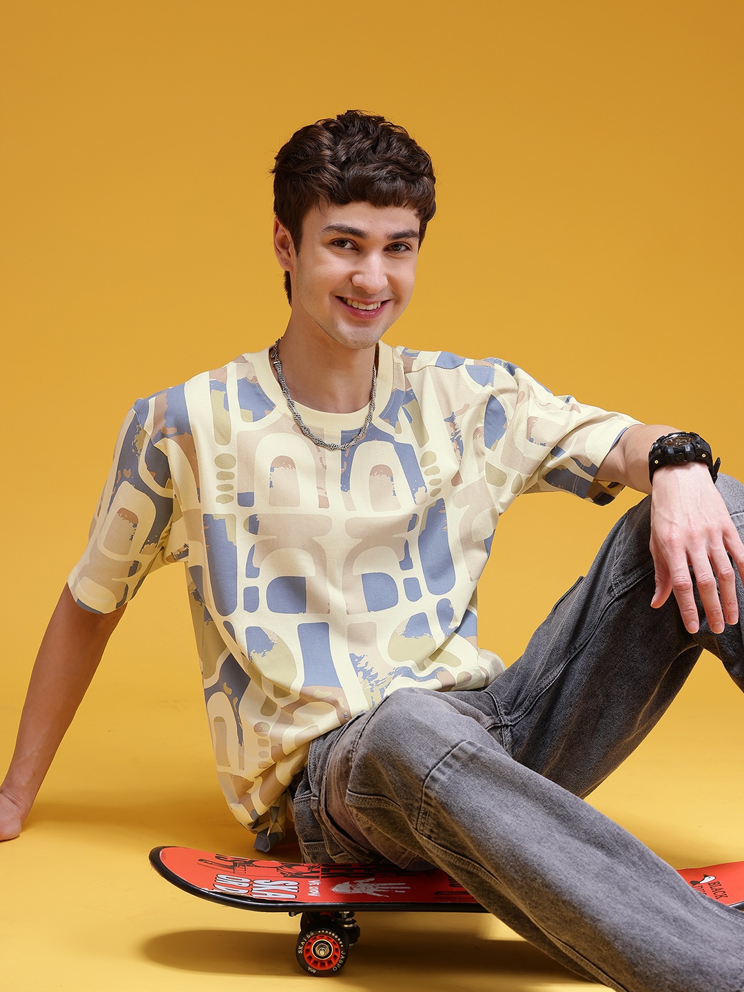 

HERE&NOW Printed Relaxed Pure Cotton T-shirt, Cream