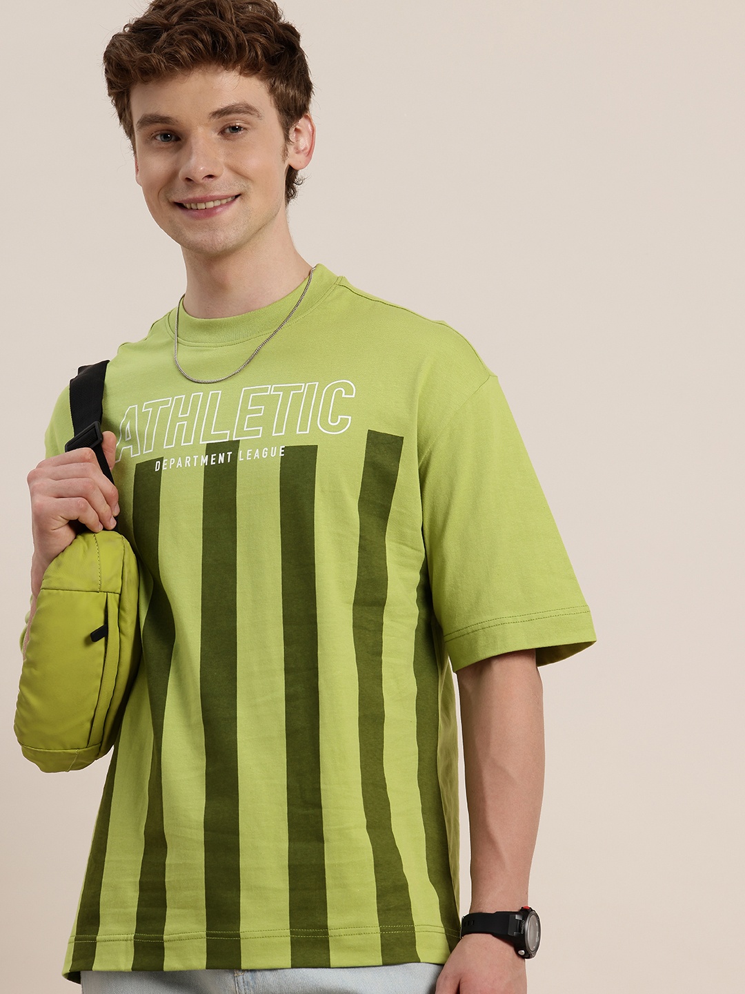 

HERE&NOW Printed Drop-Shoulder Sleeves Oversized Fit Pure Cotton T-shirt, Green