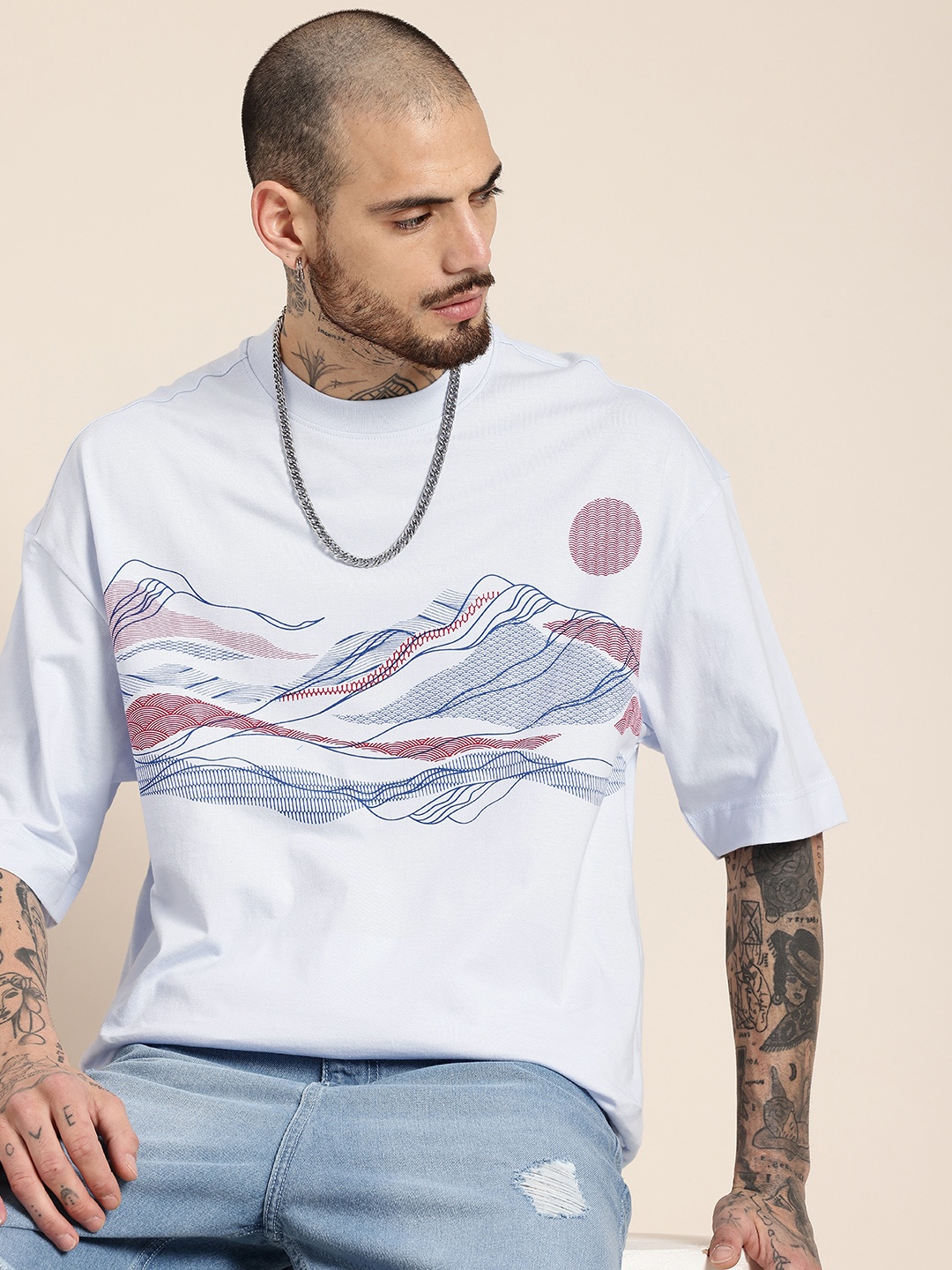 

HERE&NOW Pure Cotton Graphic Printed Drop-Shoulder Sleeves Oversized Fit T-shirt, Blue