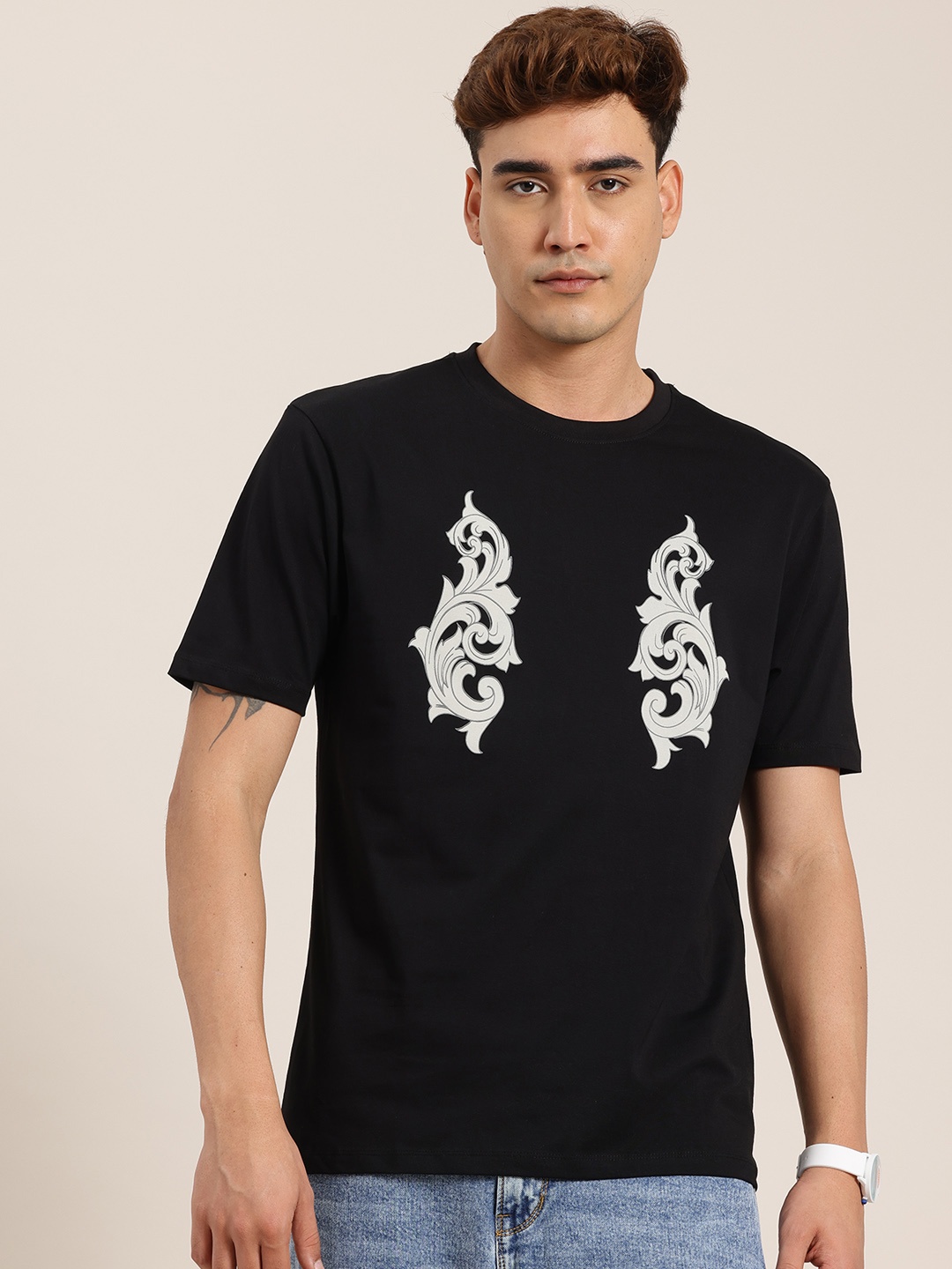 

HERE&NOW Men Printed Pure Cotton T-shirt, Black