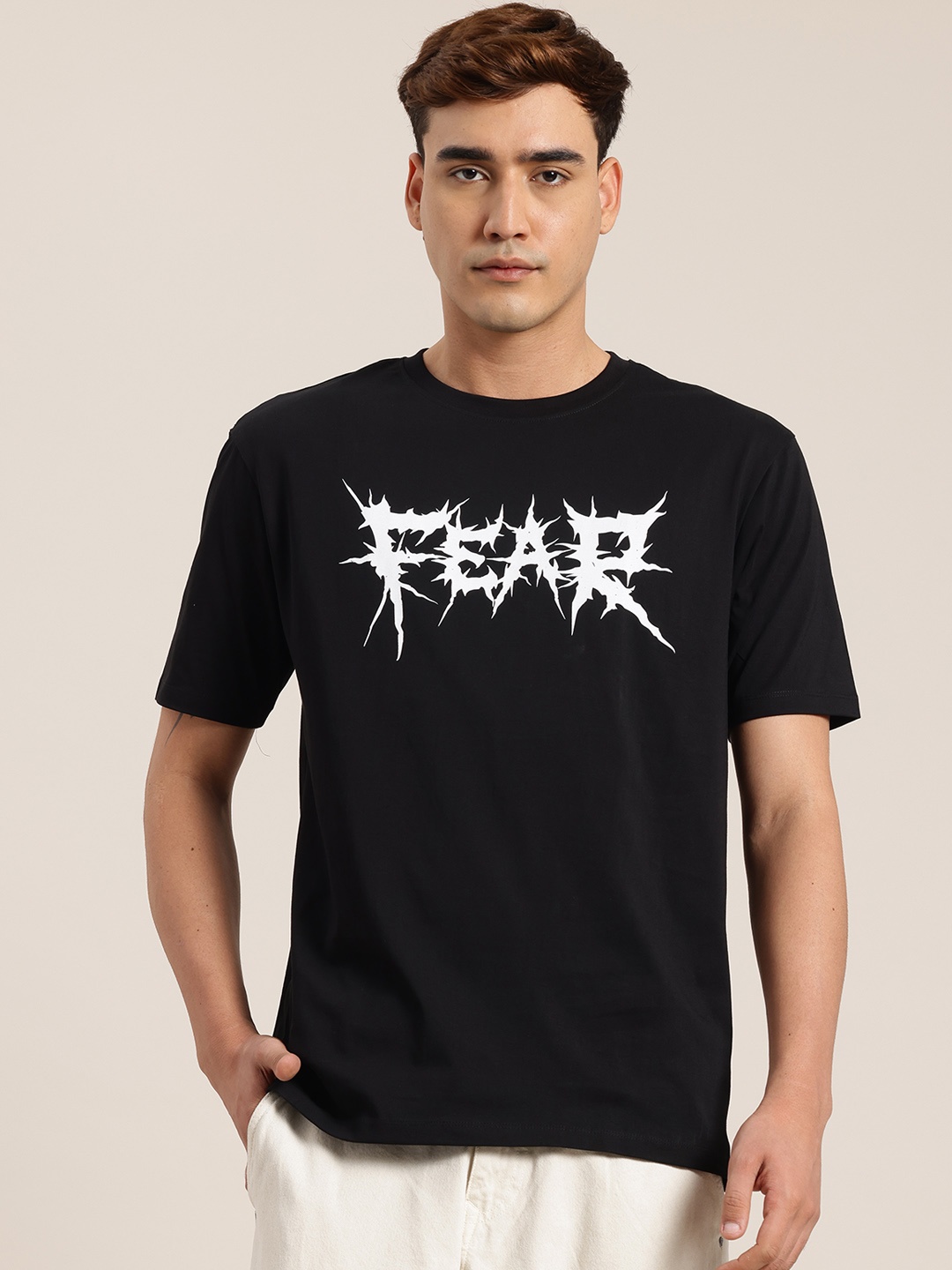 

HERE&NOW Men Printed Pure Cotton T-shirt, Black