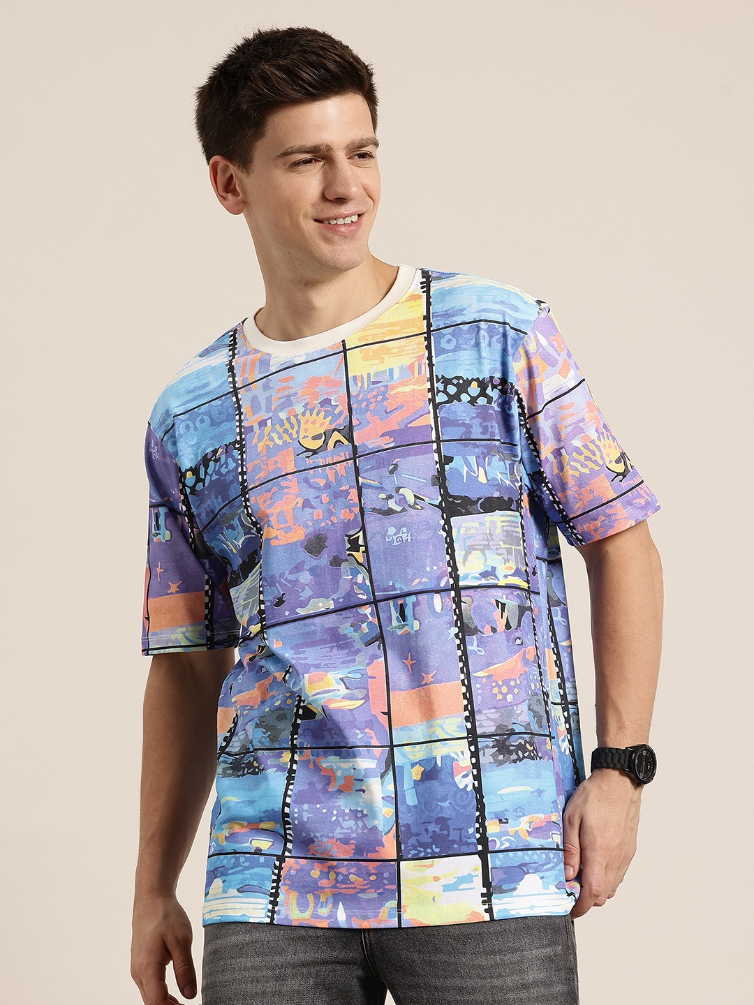 

HERE&NOW Printed Drop-Shoulder Sleeves Cotton Relaxed T-shirt, Multi