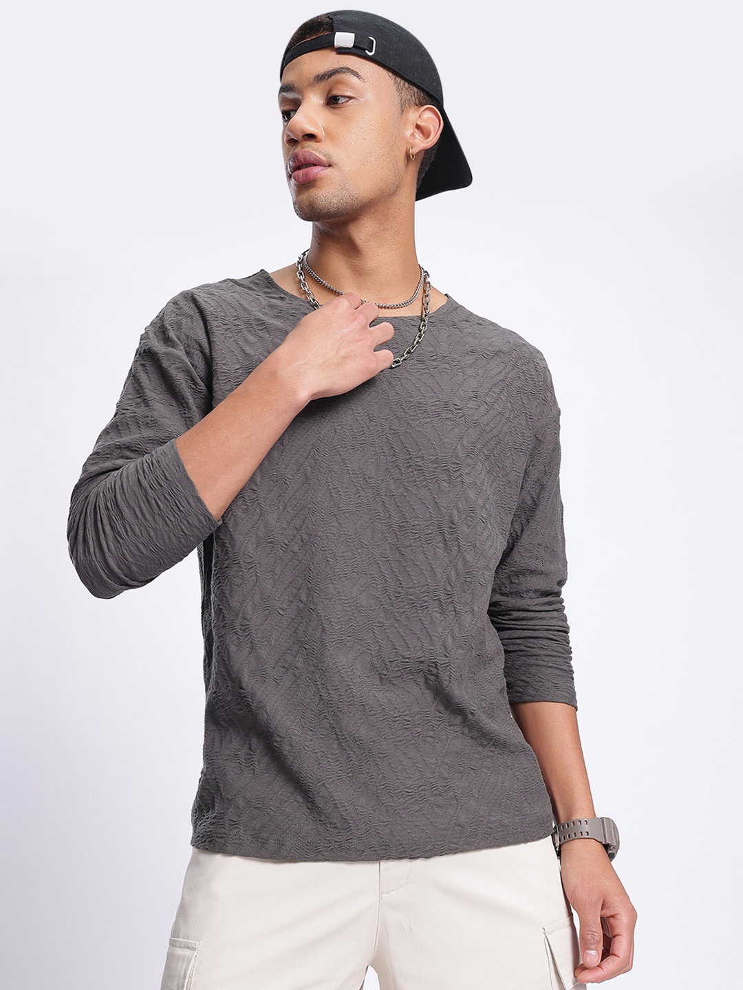 

glitchez Snug Fit Textured Relaxed Fit Sweatshirt, Charcoal