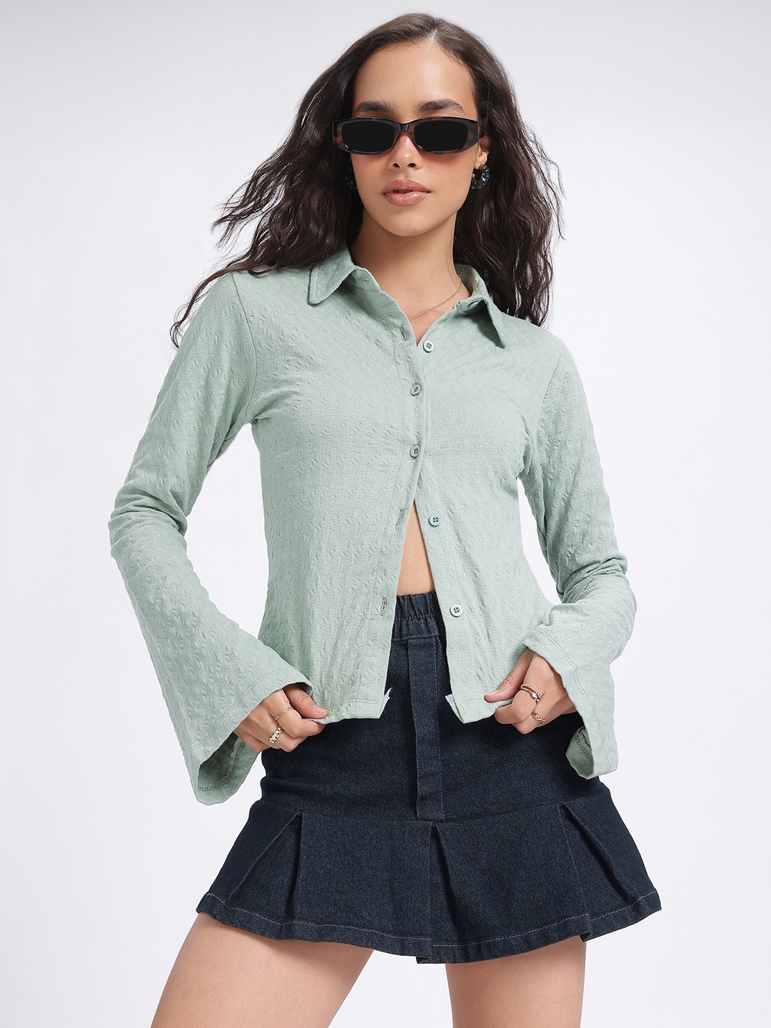 

glitchez Matcha Magic Textured Temptress Flared Sleeves Seersucker Shirt Style Top, Sea green