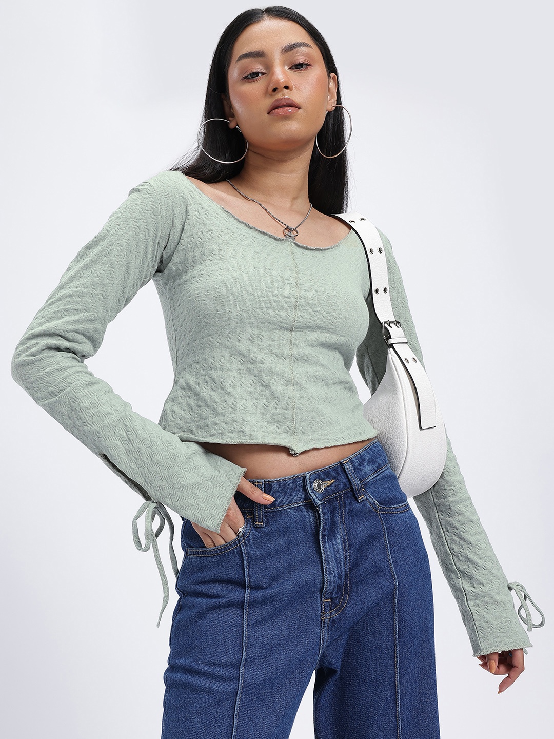

glitchez Timeless Textures Goblincore Artful Sleeve Ties Top, Green