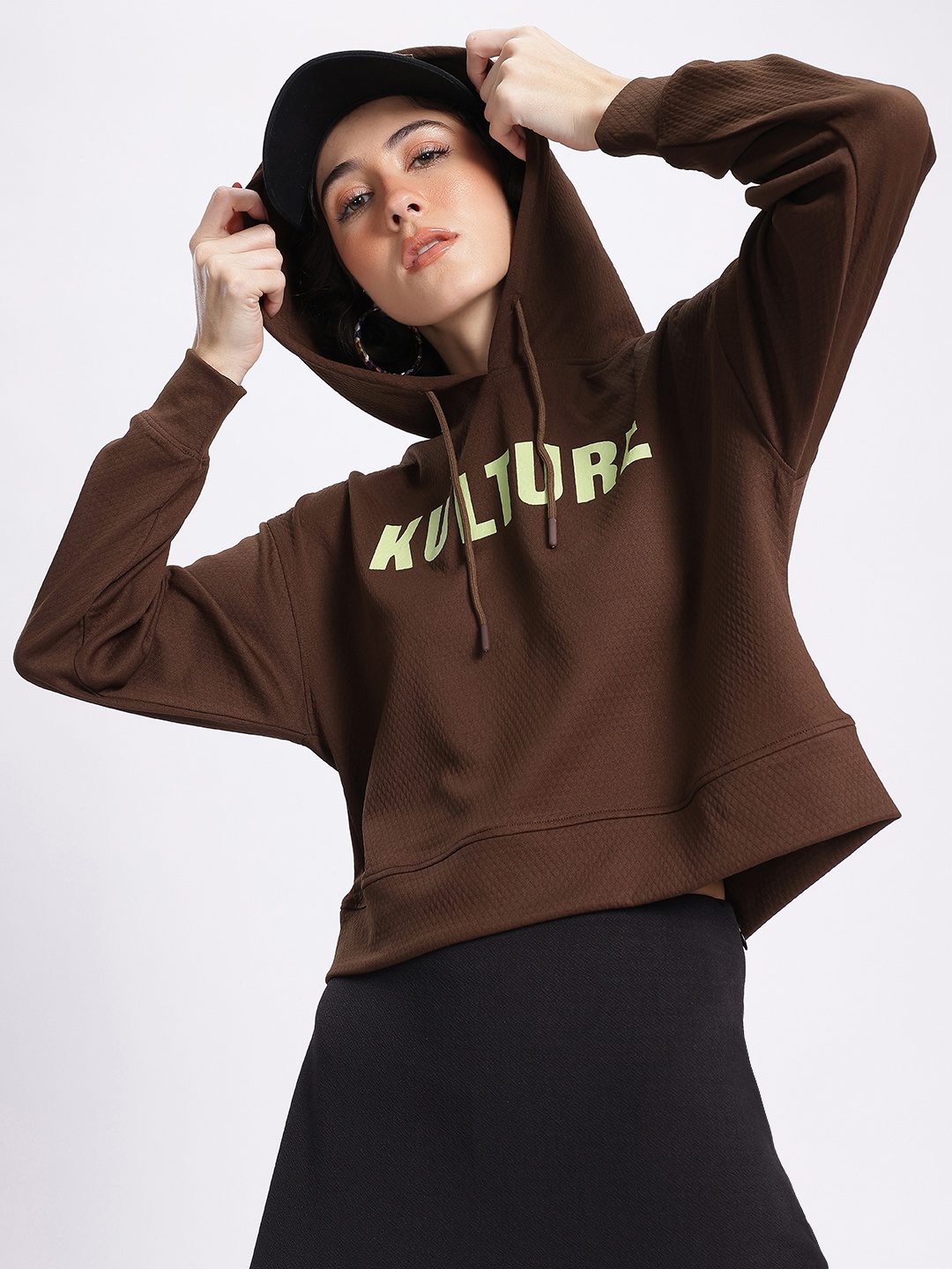 

glitchez Cultured Comfy Printed Textured Knit Hooded Sweatshirt, Brown