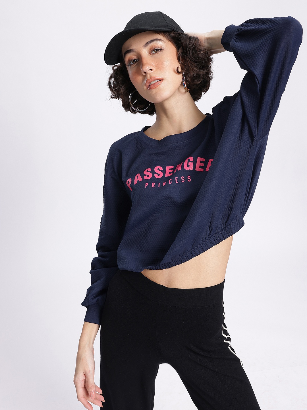 

glitchez Street Knit Printed Drop-Shoulder Crop Sweatshirt, Navy blue