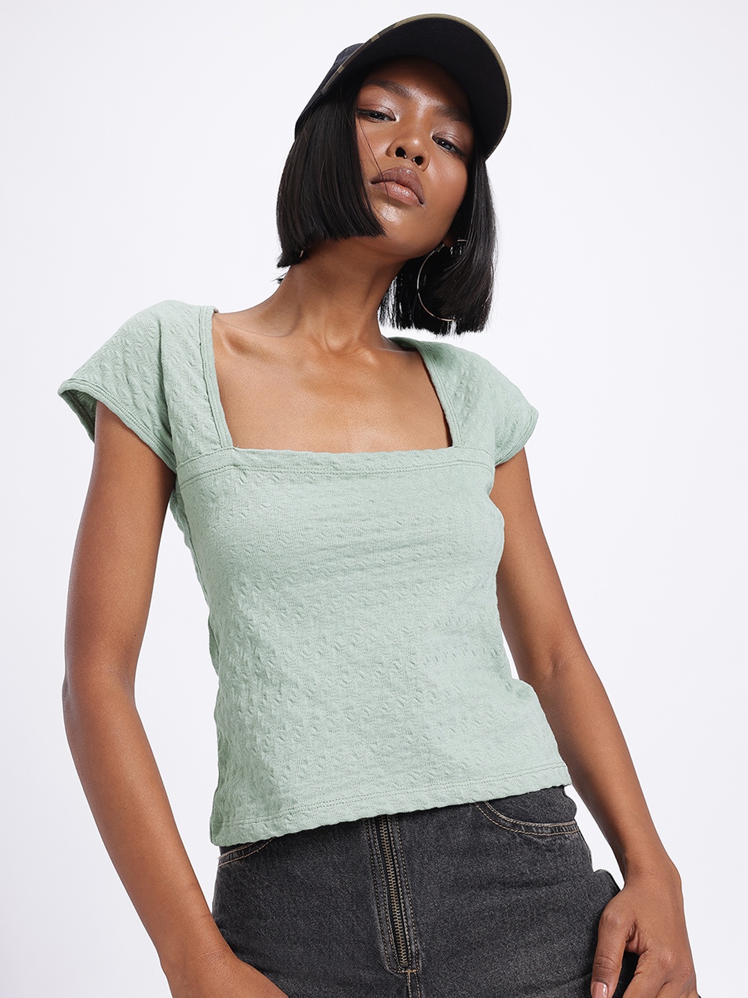 

glitchez Seersucker Square Neck Top, Green