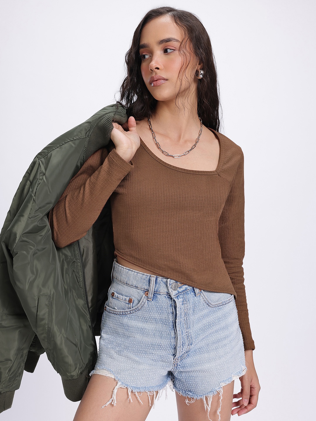 

glitchez Asymmetric Gaze Self-Striped Top, Brown