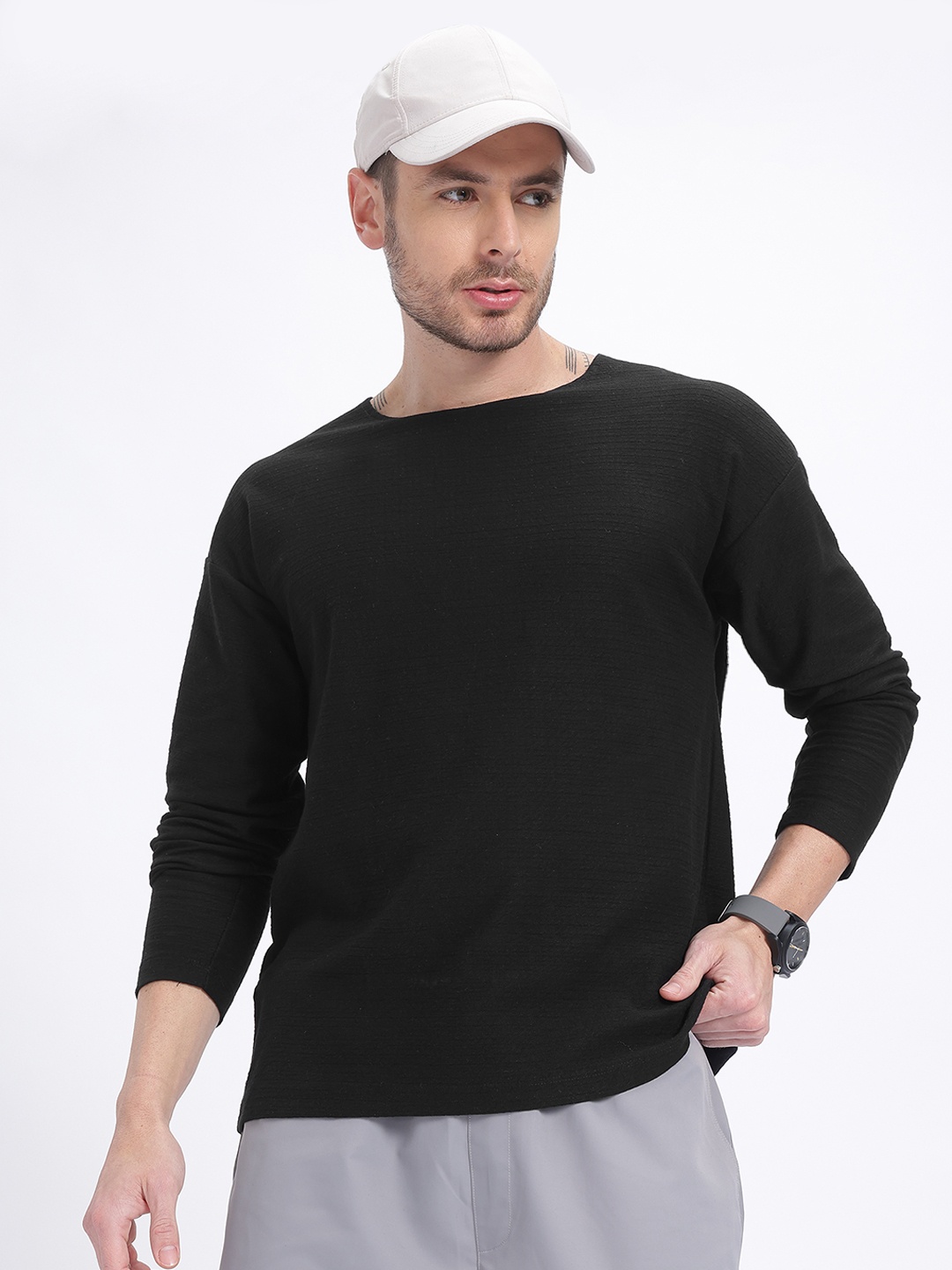 

glitchez The Layered Look Textured Relaxed Fit Cotton Sweatshirt, Black