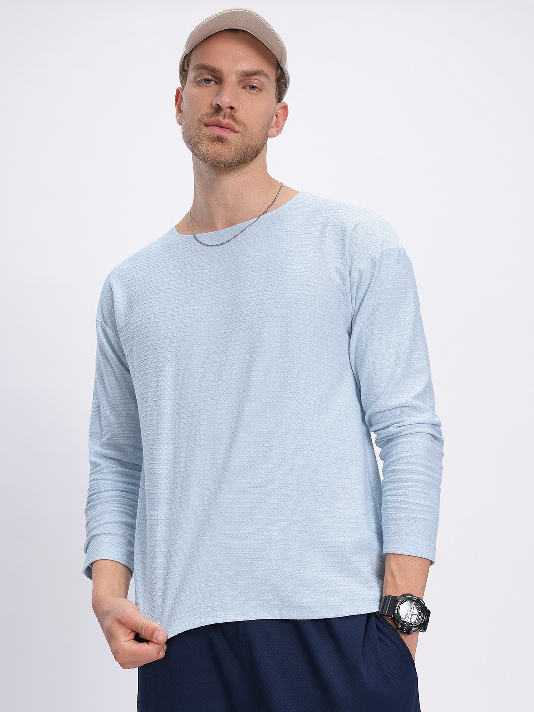 

glitchez Textured Threads Seersucker Relaxed Sweatshirt, Blue